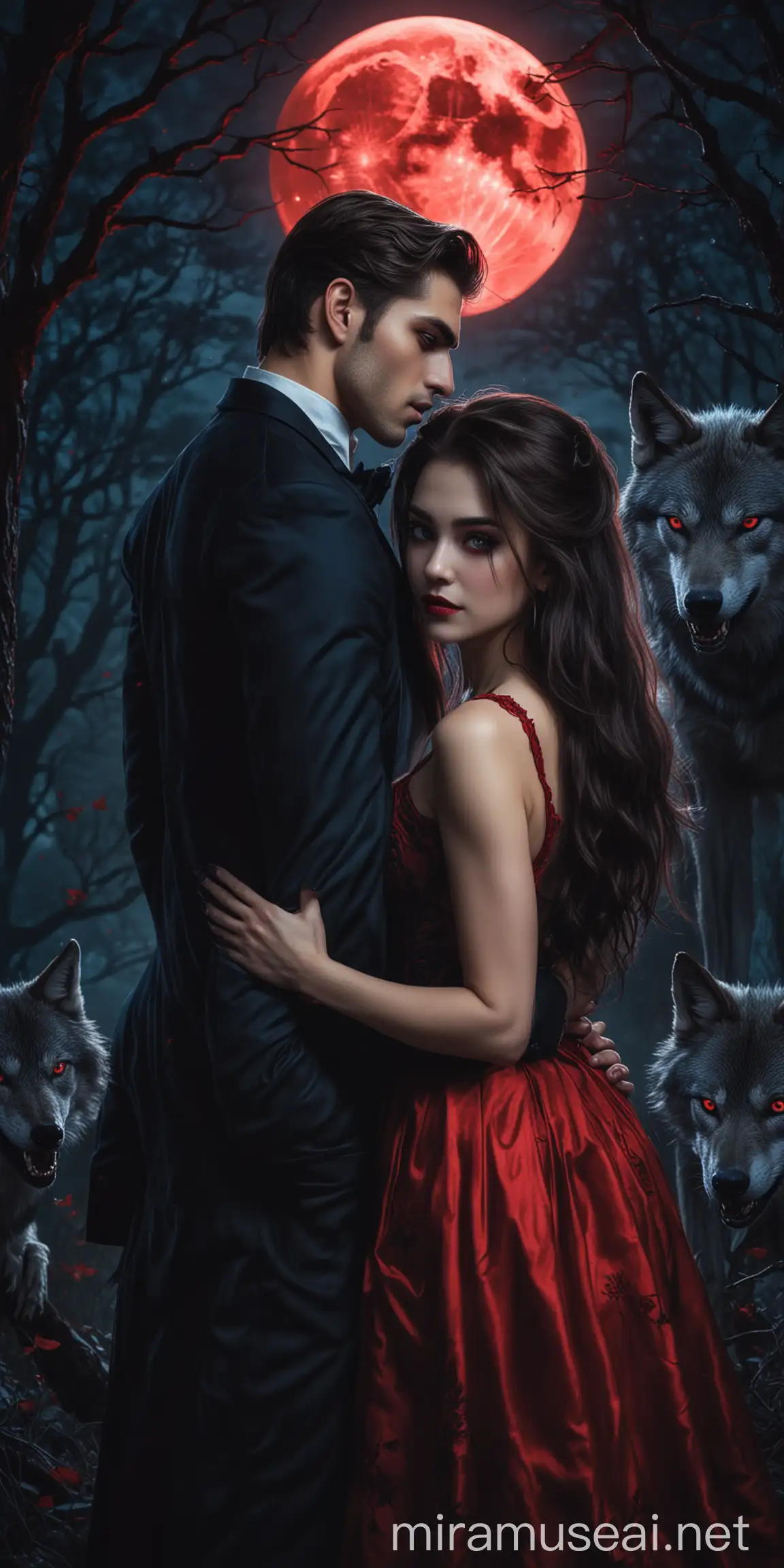 A beautiful lady in a red and black fitted dress, held romantically from behind by a handsome young muscular vampire man with red eyes and fangs, in a luminous blue full moon night, and with a wolf beside the lady