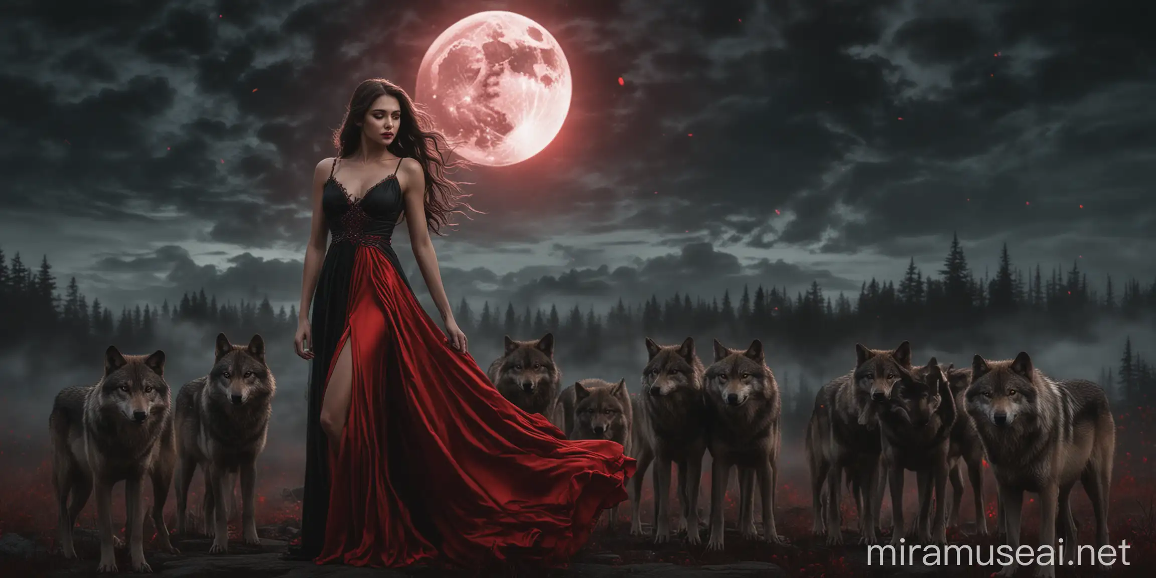Enchanting Woman in Red and Black Dress with Wolves under Moonlight