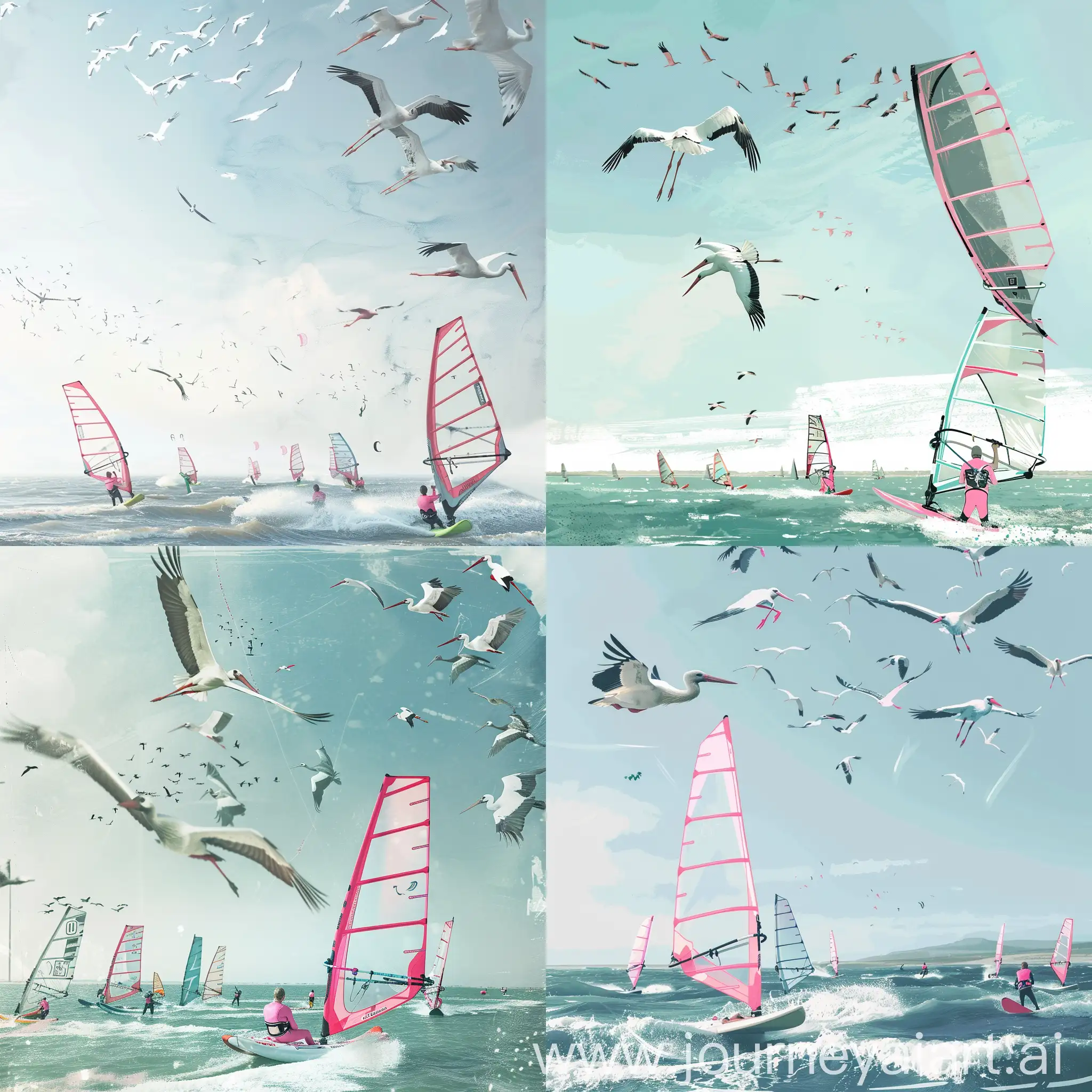 Sunny-Seascape-Windsurfers-and-Catamaran-Sailors-with-Pink-Life-Vests-and-Flying-Storks