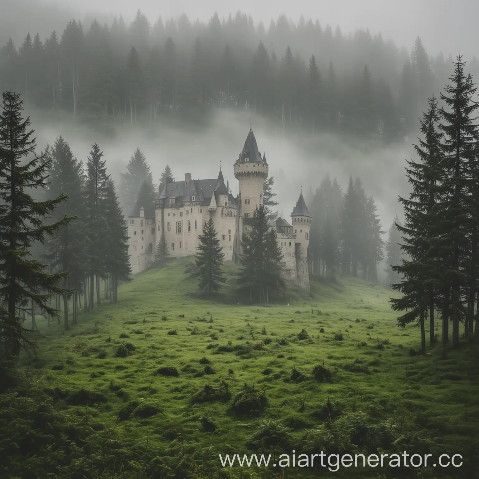 Замок среди зелёных елей в тума и пасмурную погоду с травой на земле