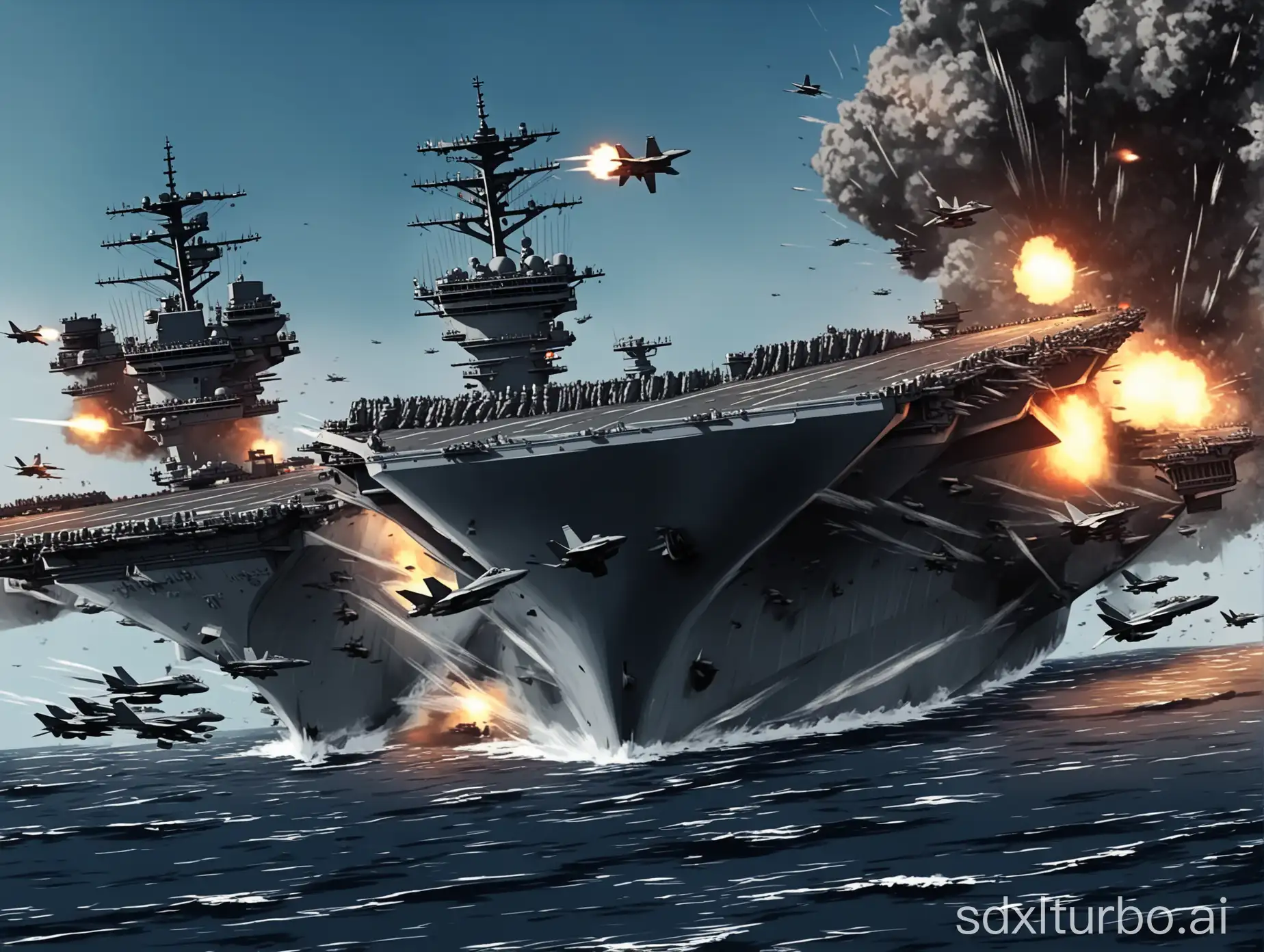 Anime style, overwhelming missiles sink the aircraft carrier, HD, 4K