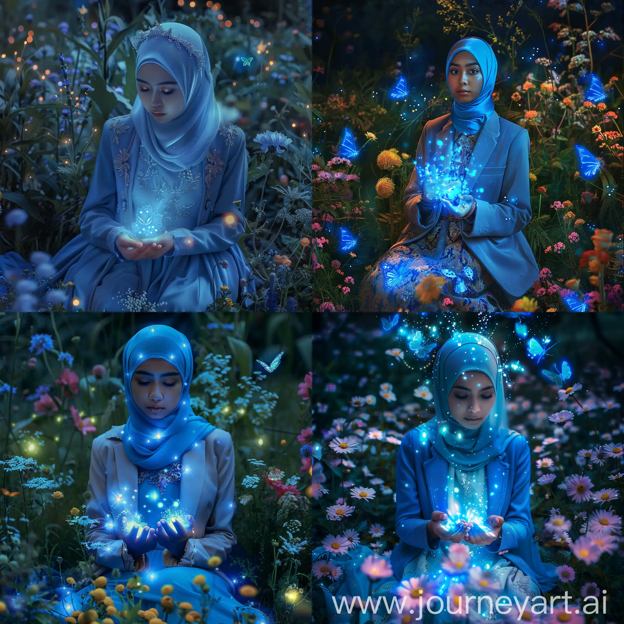 Gambar ini menunjukkan seorang wanita muda cantik bersayap biru yang duduk dengan latar belakang taman yang indah pada malam hari ada kupu-kupu dan kunang-kunang bercahaya. Dia mengenakan hijab biru bercahaya dan gaun mewah dan blazer bulu biru yang indah. dengan efek 3D timbul ukuran besar dari kedua telapak tangan wanita tersebut seolah dia memegang cahaya