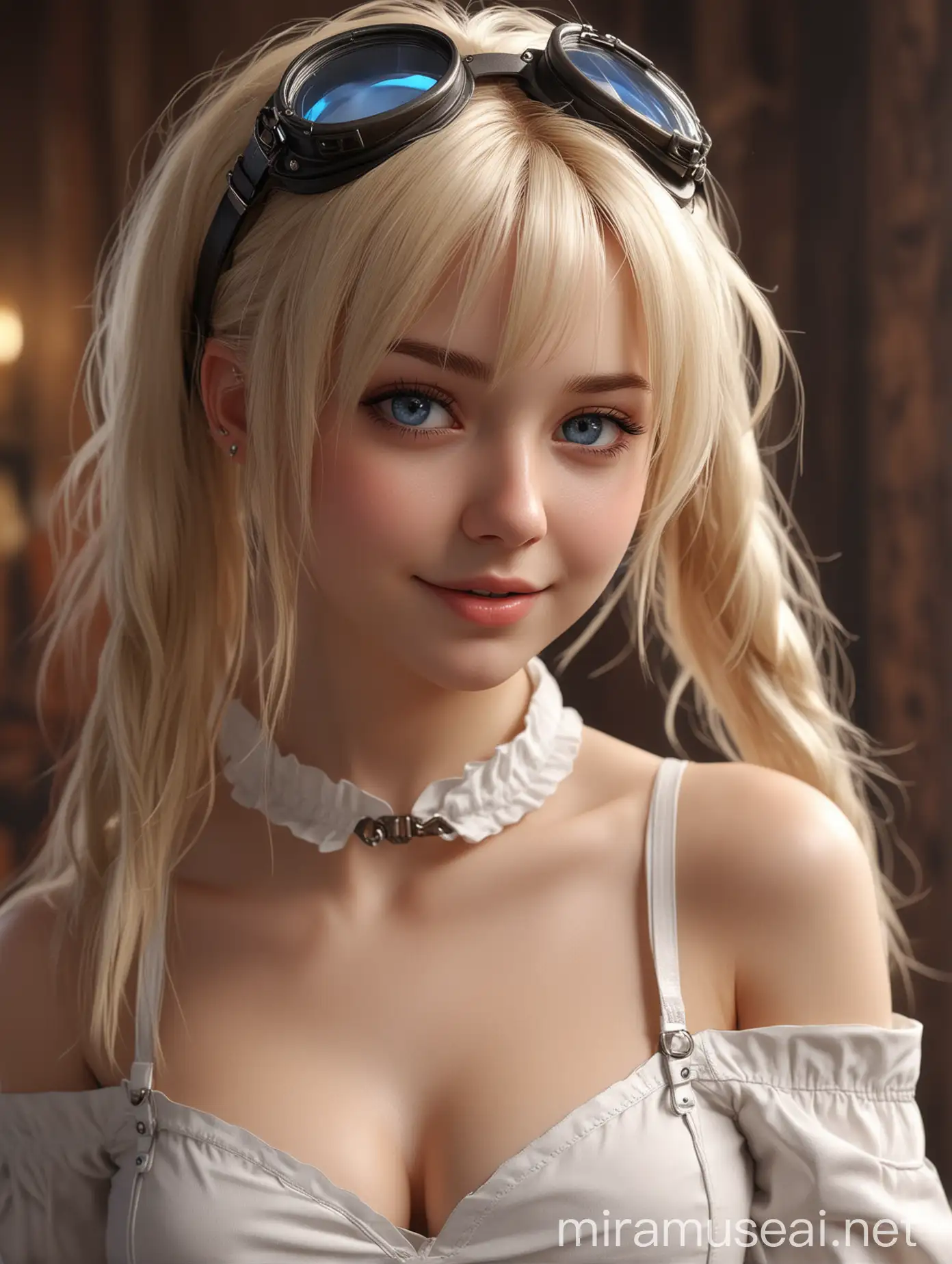 a beuatiful european girl,cute girl,perfect face,perfect body,make up,blush,shy smile, medium perky tits,detailed background,extremely detailed cg unity 8k wallpaper,highres,shiny skin,white pale skin,long hair,blonde hair,large blue eyes, sexy pose , bewitching pose,   <lora:GoodHands-vanilla:1>, <lora:xuer dieselpunk_20240216222938:0.8>,xuer dieselpunk, twintails, goggles on head,bare shoulder,bare navel, bare groin,miniskirt