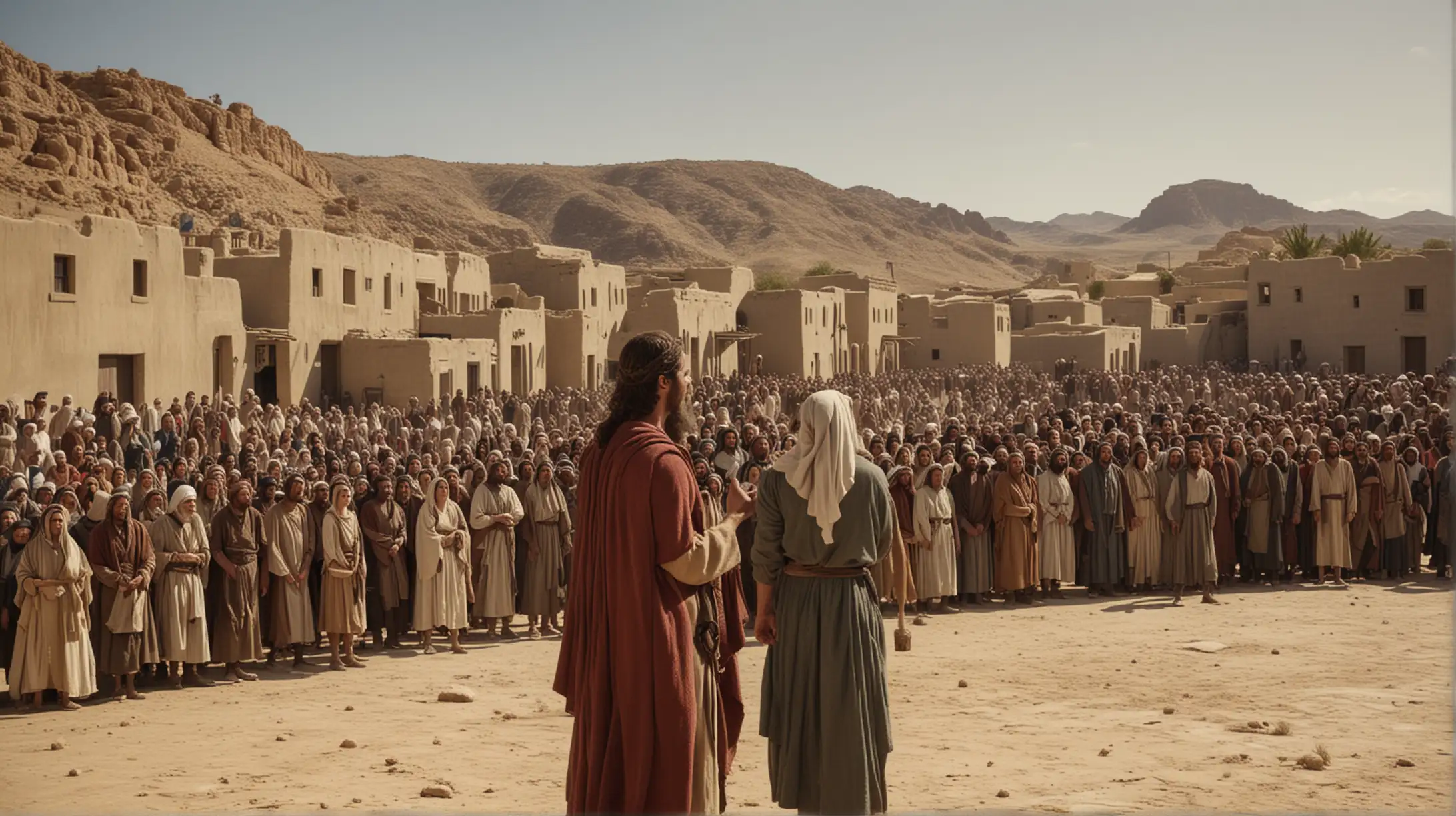  a woman and a man  standing in a desert town, with a crowd of people listening to them, during the Biblical era of Joshua.