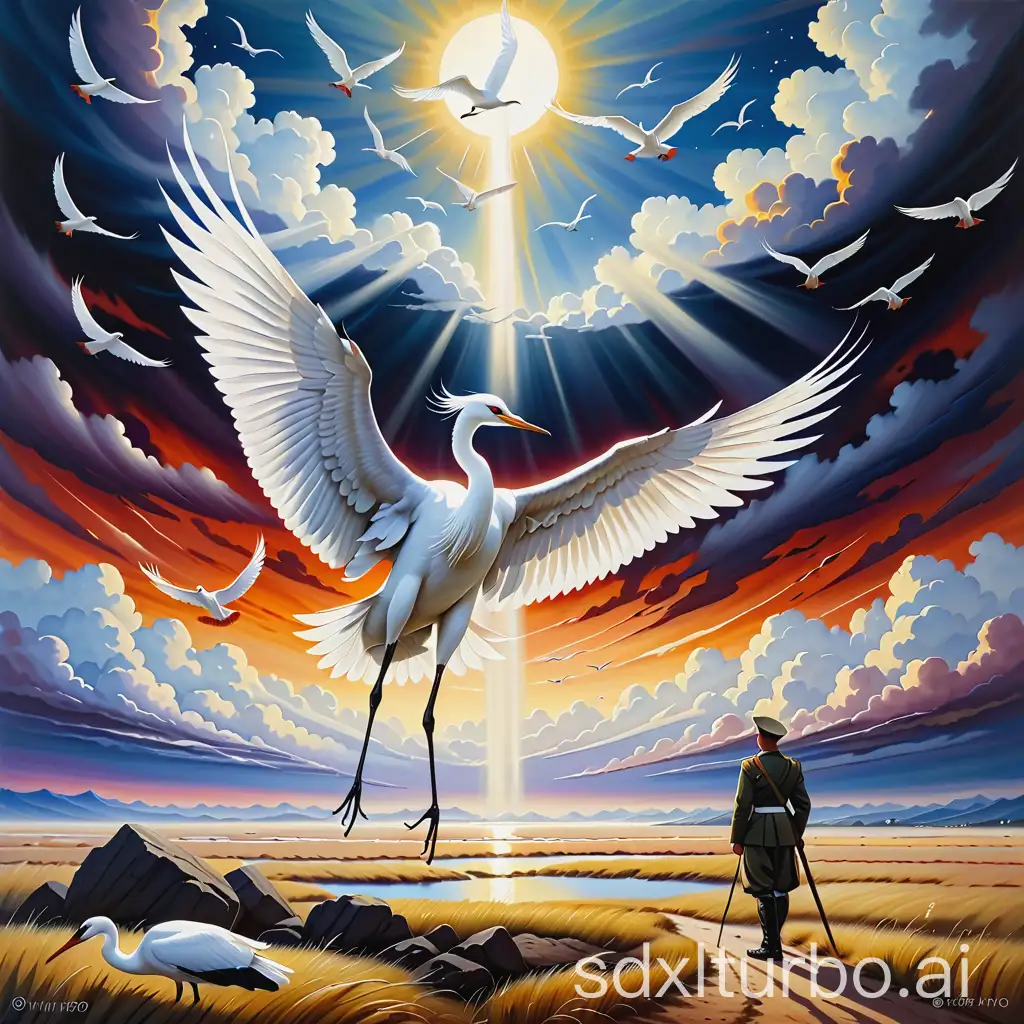 A deeply emotional and symbolic painting of a fallen soldier's spirit transforming into a majestic white crane. The deceased soldier, adorned in military attire, lies on the battlefield with a somber expression. As his soul ascends, it takes the form of a radiant white crane with outspread wings. In the background, a wedge of cranes fly away into the distance, symbolizing the journey of souls. The sky is filled with a mix of light and dark clouds, reflecting the duality of life and death.