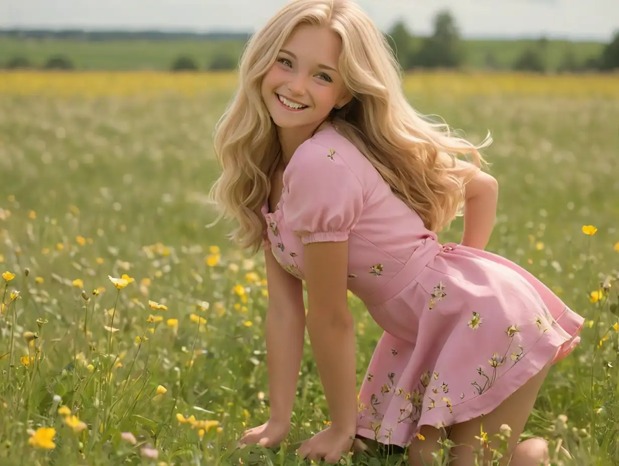 Young-Woman-in-Pink-Summer-Dress-Posing-Among-Buttercups
