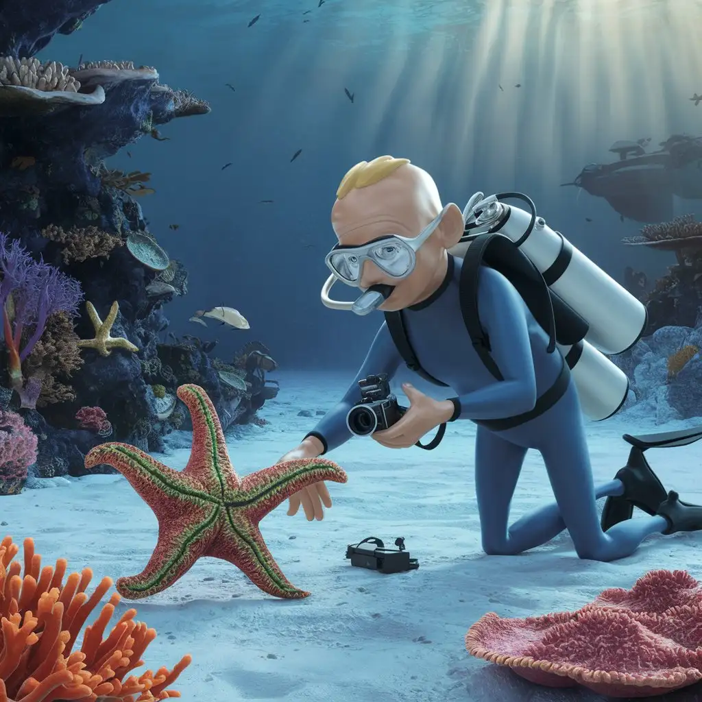 The great explorer of the seas and oceans Jacques Yves Cousteau in a scuba diver costume at the bottom of the ocean is approaching a new starfish, 3d pixar