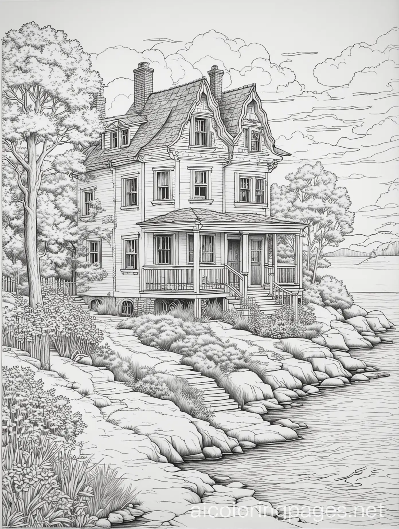 a black and white line drawing of an old house on the lakeshore, coloring page, ample white space, bold lines easy for kids to color inside the lines, Coloring Page, black and white, line art, white background, Simplicity, Ample White Space. The background of the coloring page is plain white to make it easy for young children to color within the lines. The outlines of all the subjects are easy to distinguish, making it simple for kids to color without too much difficulty, Coloring Page, black and white, line art, white background, Simplicity, Ample White Space. The background of the coloring page is plain white to make it easy for young children to color within the lines. The outlines of all the subjects are easy to distinguish, making it simple for kids to color without too much difficulty