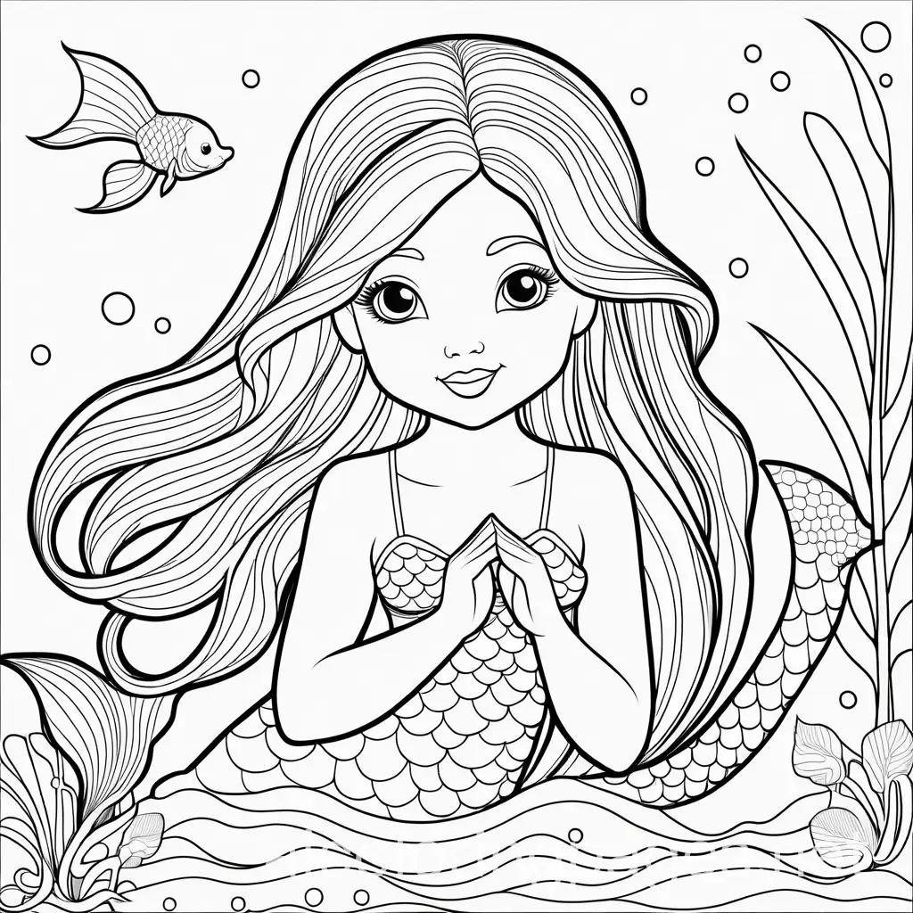 kids mermaid  coloring book 30 pages, Coloring Page, black and white, line art, white background, Simplicity, Ample White Space. The background of the coloring page is plain white to make it easy for young children to color within the lines. The outlines of all the subjects are easy to distinguish, making it simple for kids to color without too much difficulty