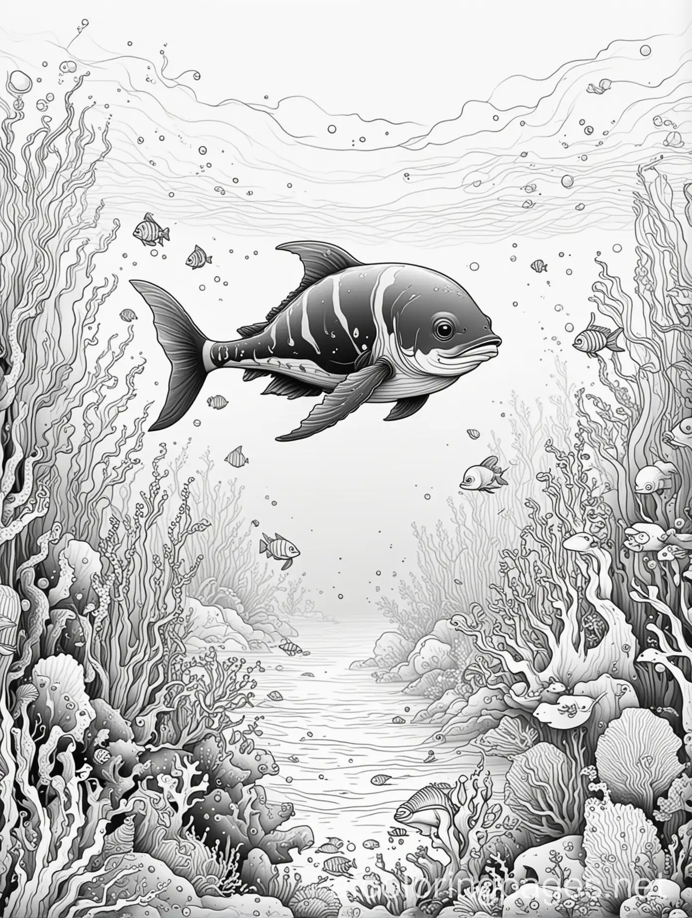 cute little cartoon style marine life in ocean, smoky and haze surroundings, Coloring Page, black and white, line art, white background, Simplicity, Ample White Space