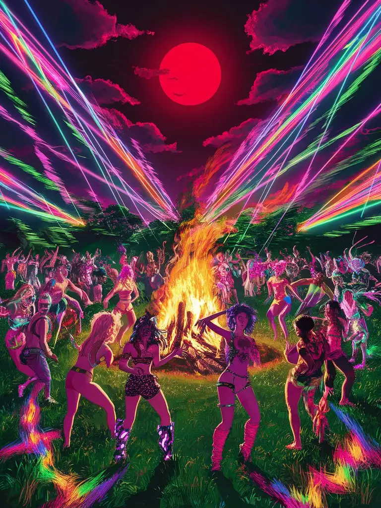 red moon rave in a field with a roaring bonfire