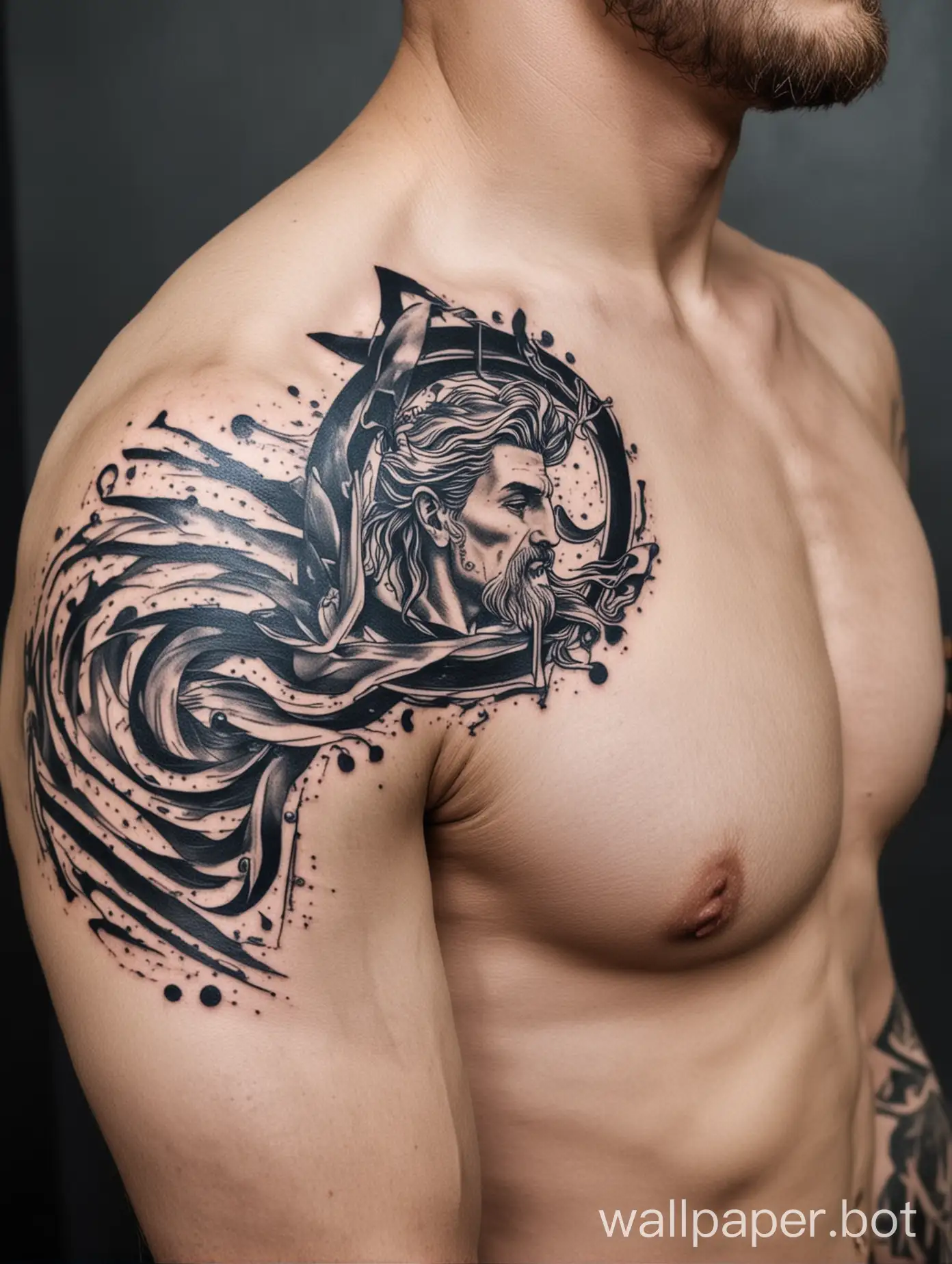 Men's Aquarius tattoo on the shoulder not colored in minimalism style