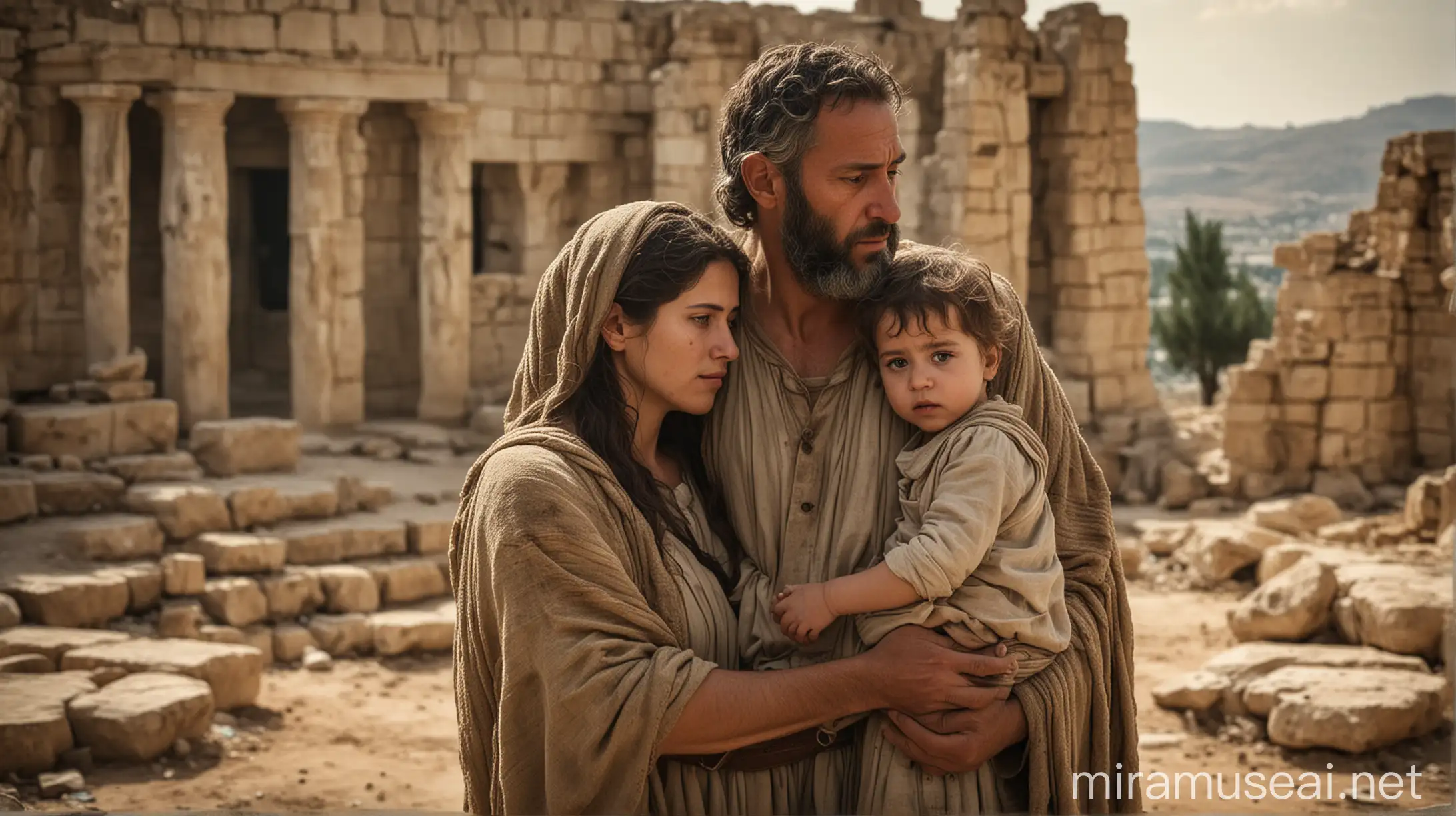 A family standing together, surrounded by a backdrop of ancient Israel, with a sense of sadness and loss etched on their faces. The father is shown holding a small child, while the mother looks on with a mixture of grief and hope.In ancient world 