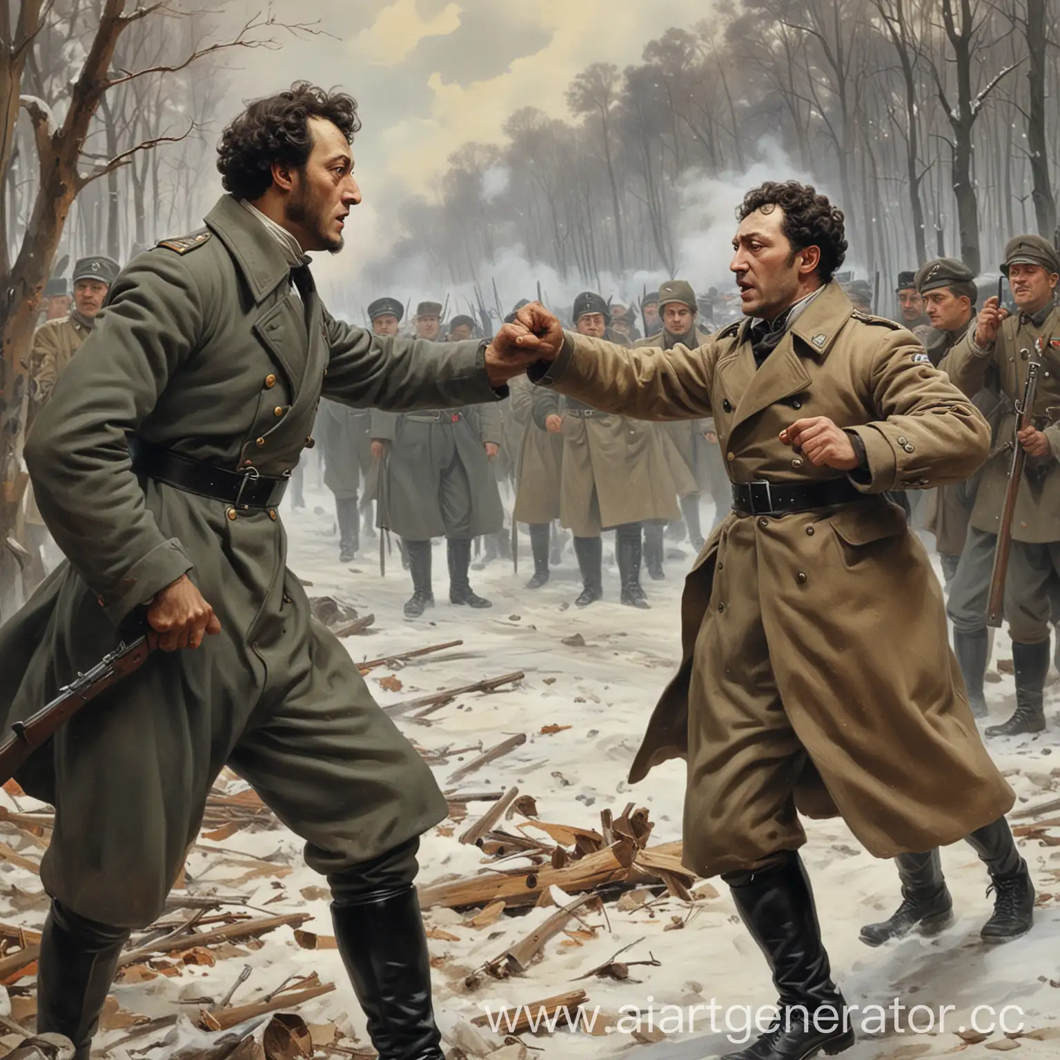 Пушкин дерется с Гитлером, на заднем фоне война
