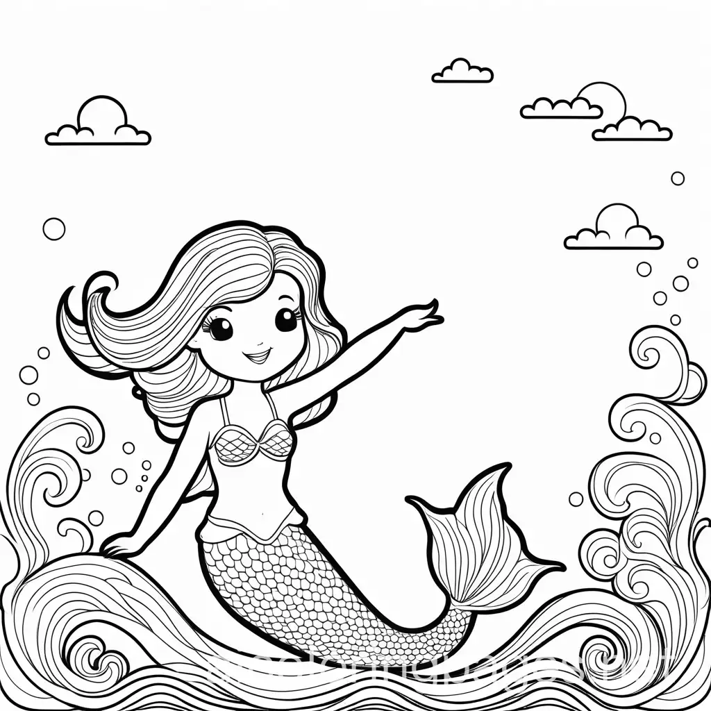 Mermaid-Waving-at-Flying-Unicorn-Coloring-Page