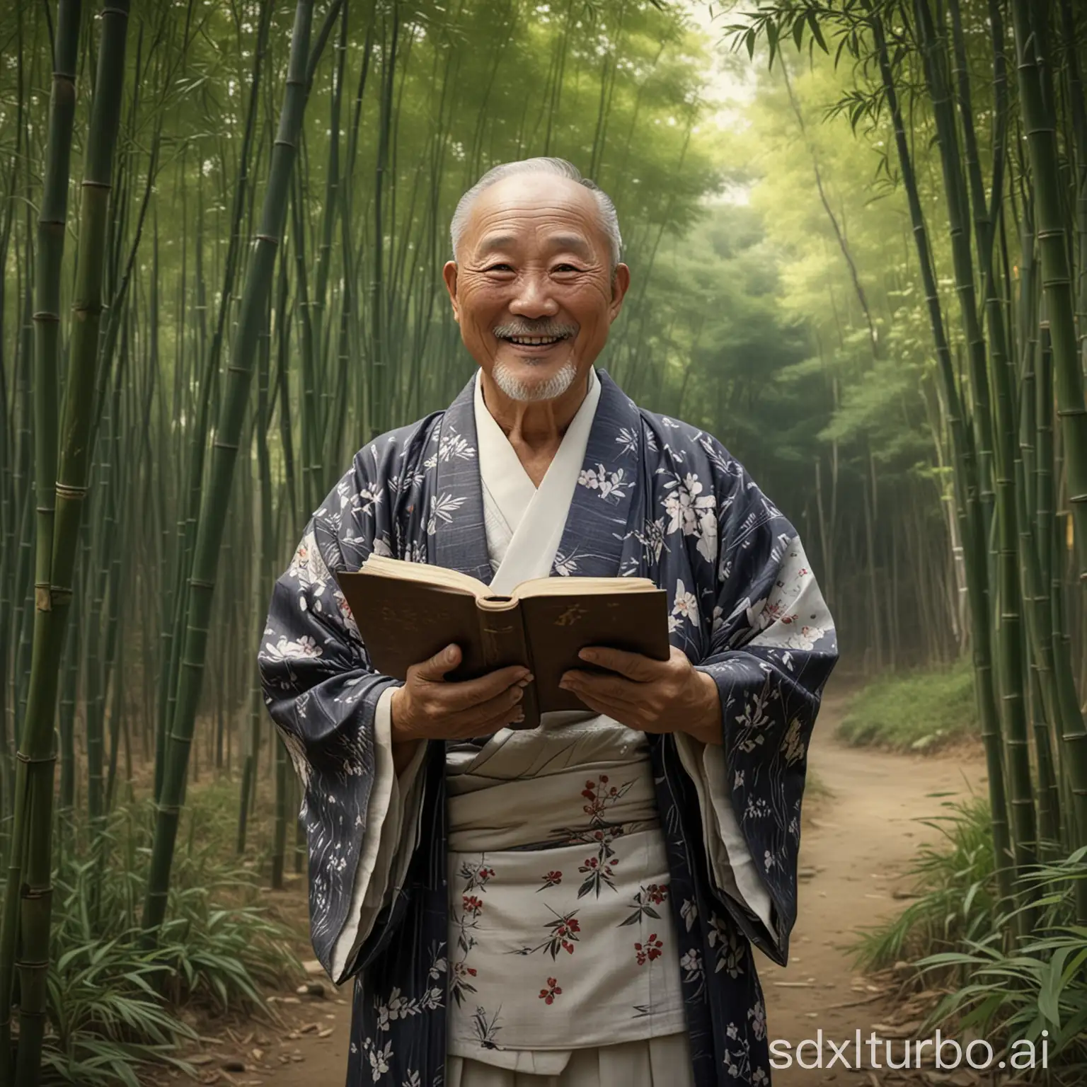 Happy old Korean man in a kimono with a book in his hands, smiles and stands among bamboo thickets. Realistic 4K photograph with precise detail.