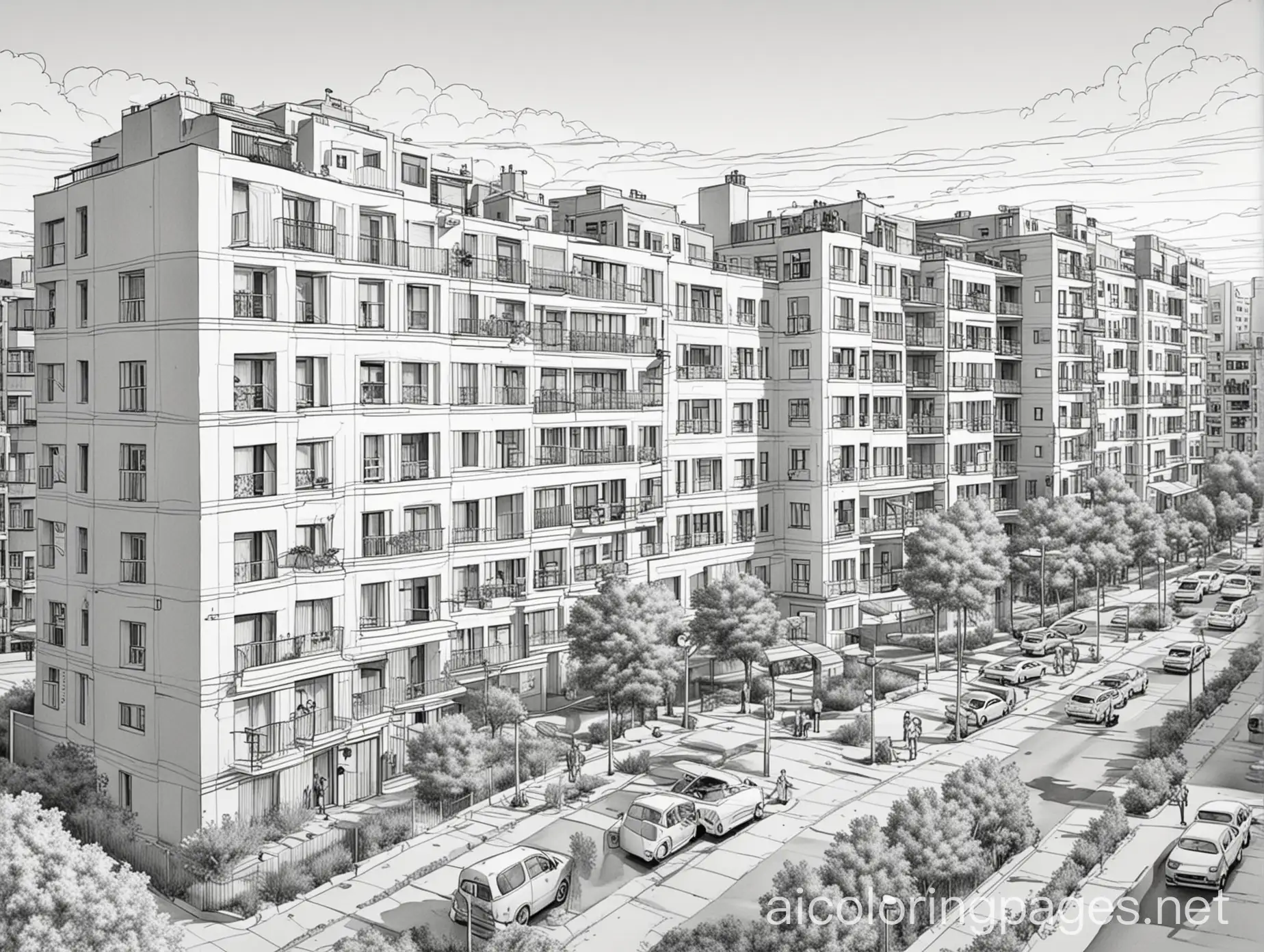 Generate a cartoon style black and white image of a large apartment complex with multiple buildings, landscapes and people to create a realistic and immersive scene. Show the complex from a distant viewpoint, capturing the entire complex in the frame. Add several people engaging in various activities within the apartment complex grounds. Ensure they are clearly visible but not the primary focus of the image. , Coloring Page, black and white, line art, white background, Simplicity, Ample White Space. The background of the coloring page is plain white to make it easy for young children to color within the lines. The outlines of all the subjects are easy to distinguish, making it simple for kids to color without too much difficulty