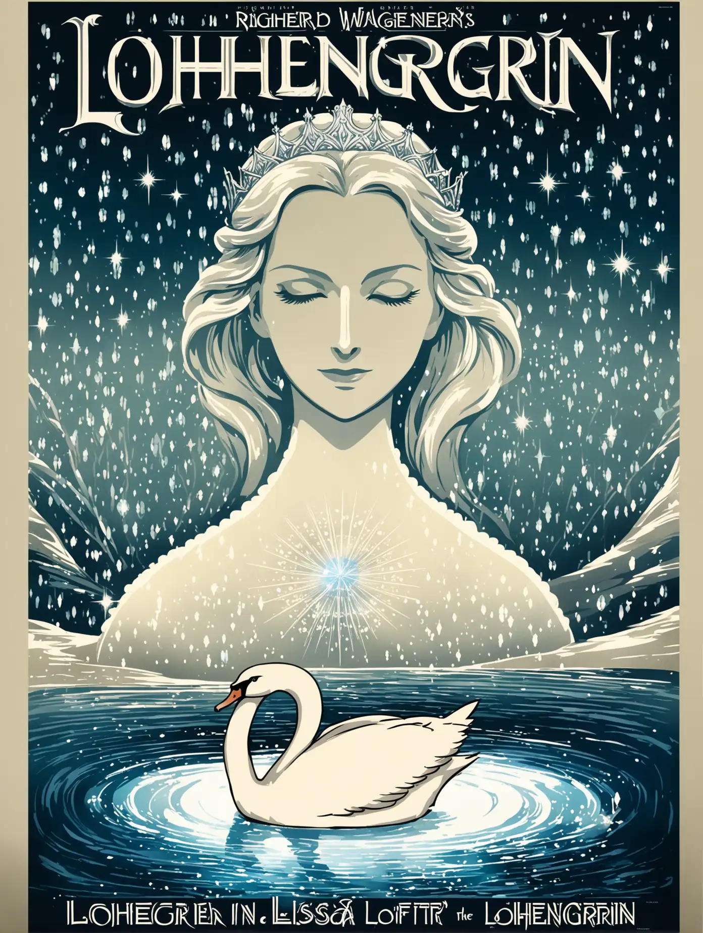 poster art for Richard Wagners Opera Lohengrin
containing the face of Elsa to the left looking into the frame bakground a sparkling river illustrated and a swan silhouette