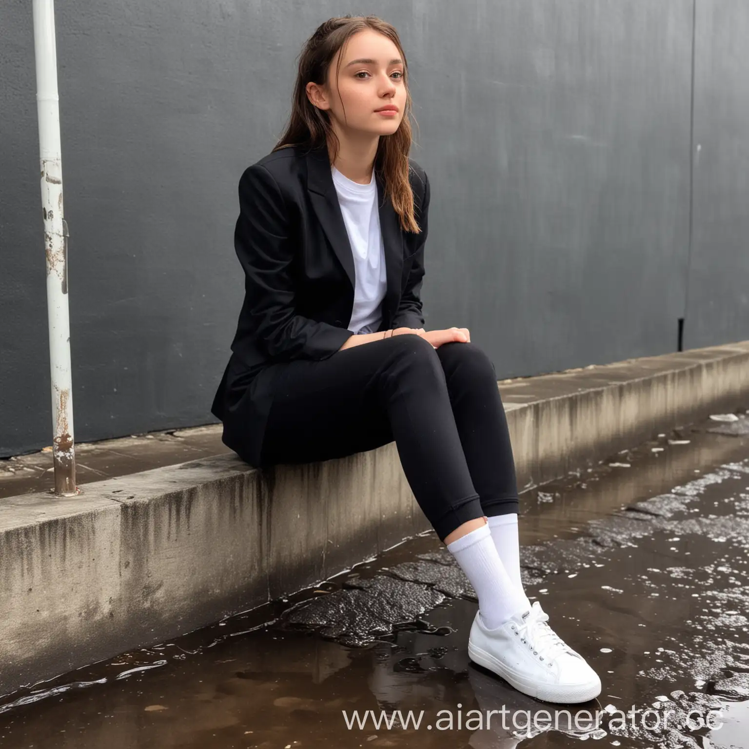 Girl-in-Black-Blazer-Sitting-in-Puddle-with-Soaked-Legs