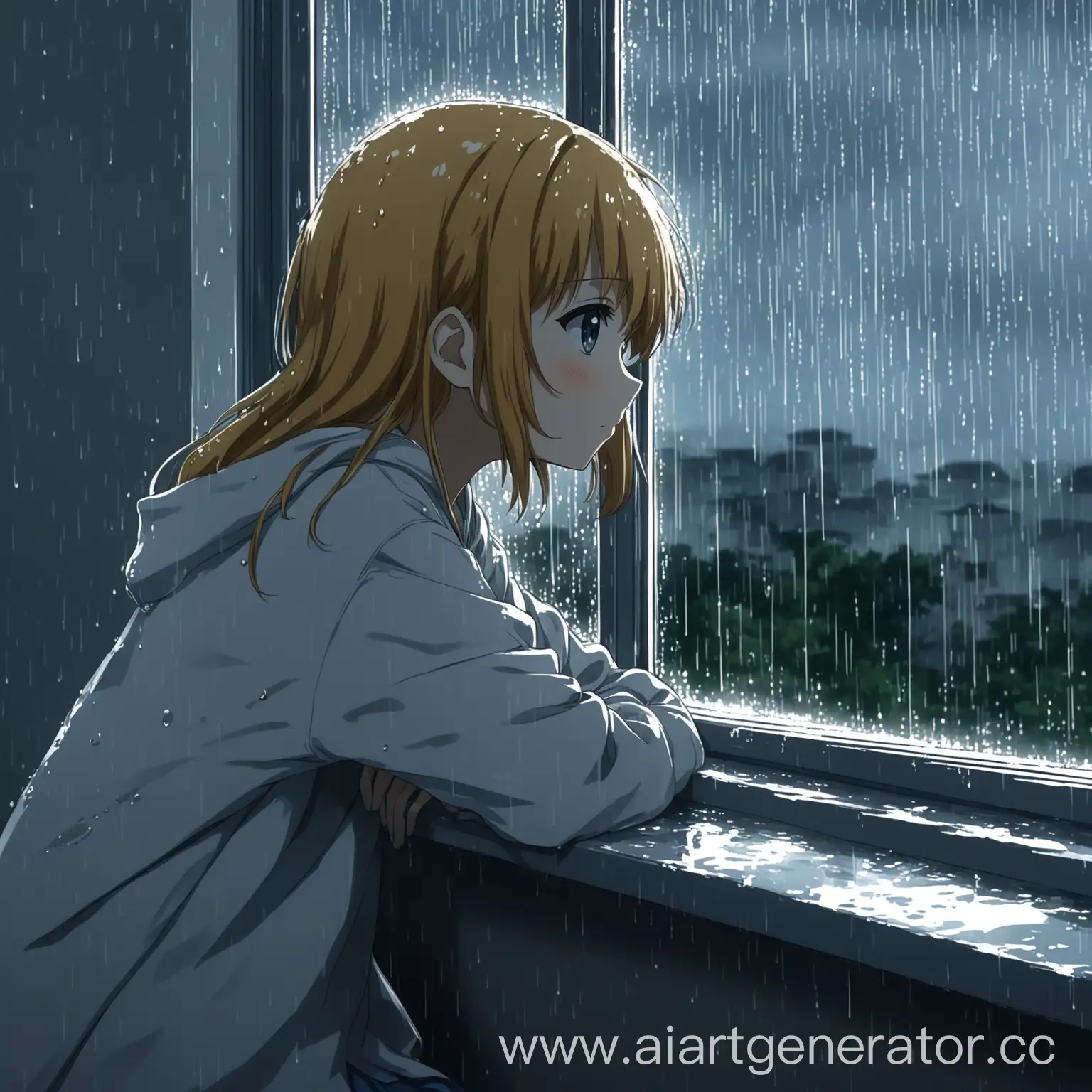 аниме девушка на подоконнике, за окном идет дождь