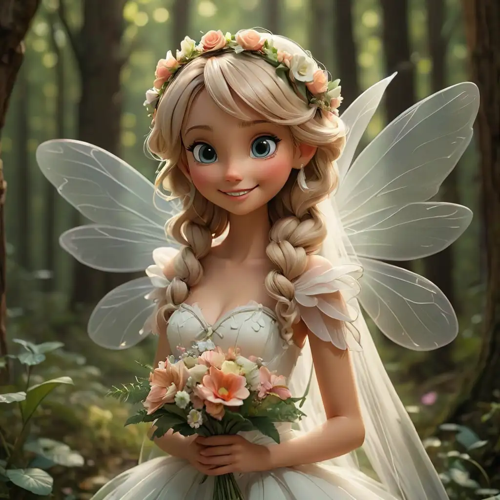 Enchanting Disneystyle Fairy Bride with Bouquet in Forest