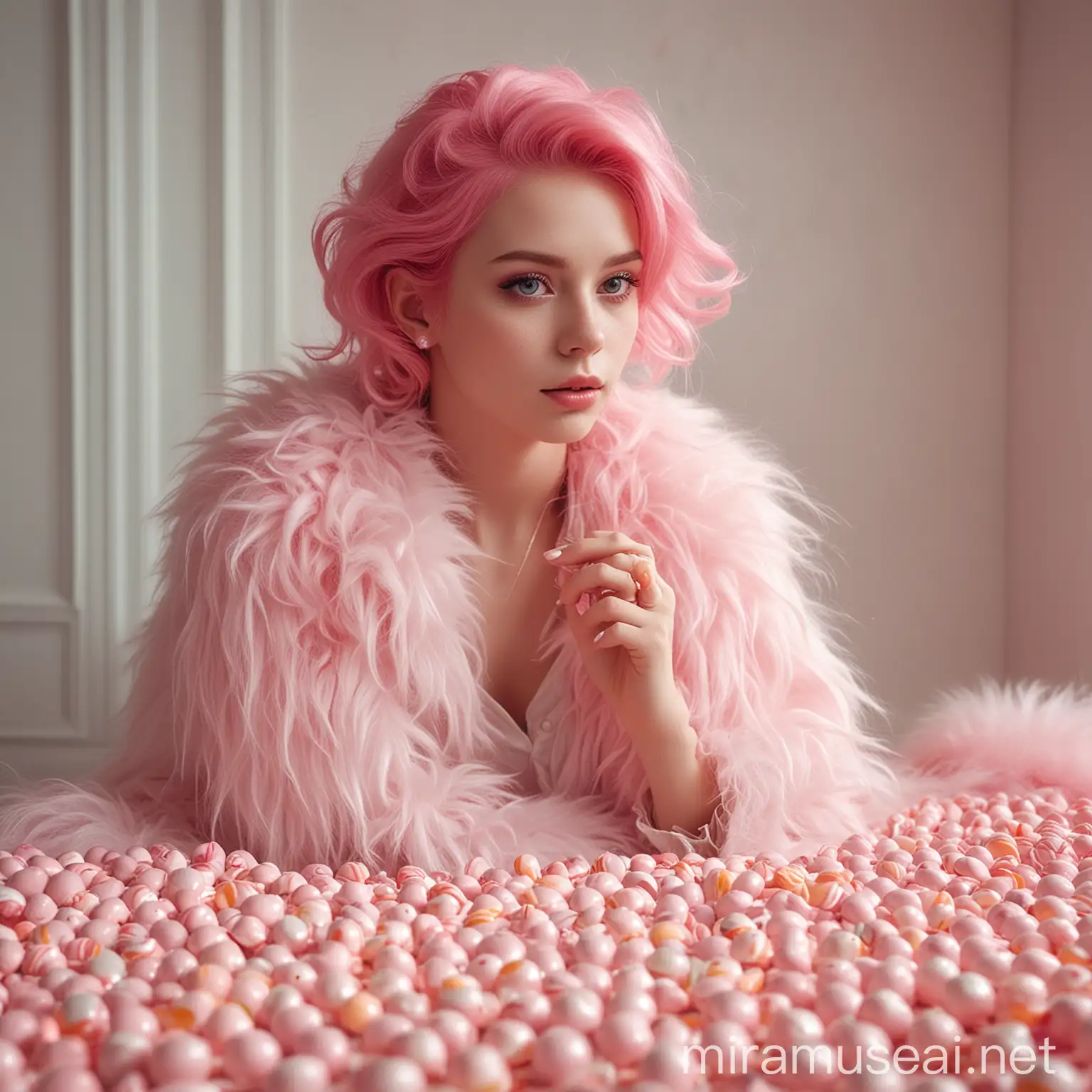 Create a character of a woman with pink hair, surrounded by candies.

The woman must be sitting in a room surrounded by cream and yogurt.

The woman must be in pastel-colored attire.

The sweet concept, soft fur, extremely detailed, Haute couture, cinematic photography, soft focus.
