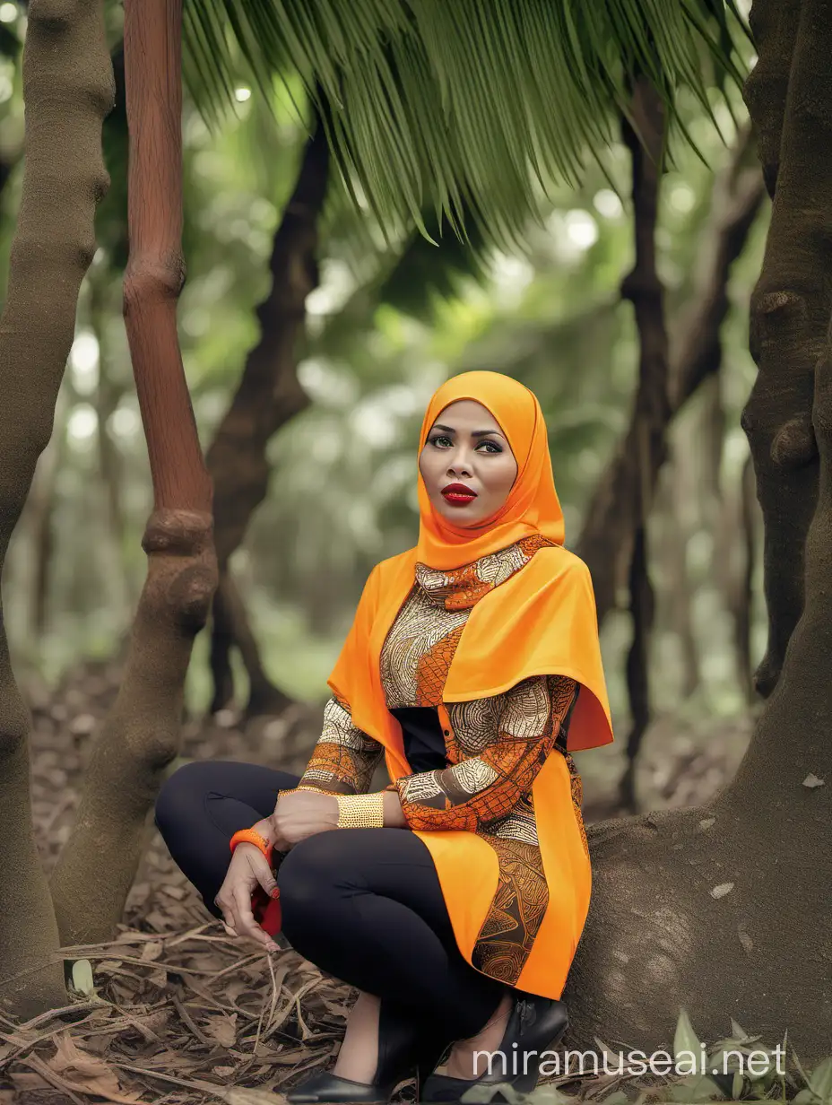 Indonesian Woman in Hijab with Tribal Motif Accessories Standing under Rambutan Tree in Forest