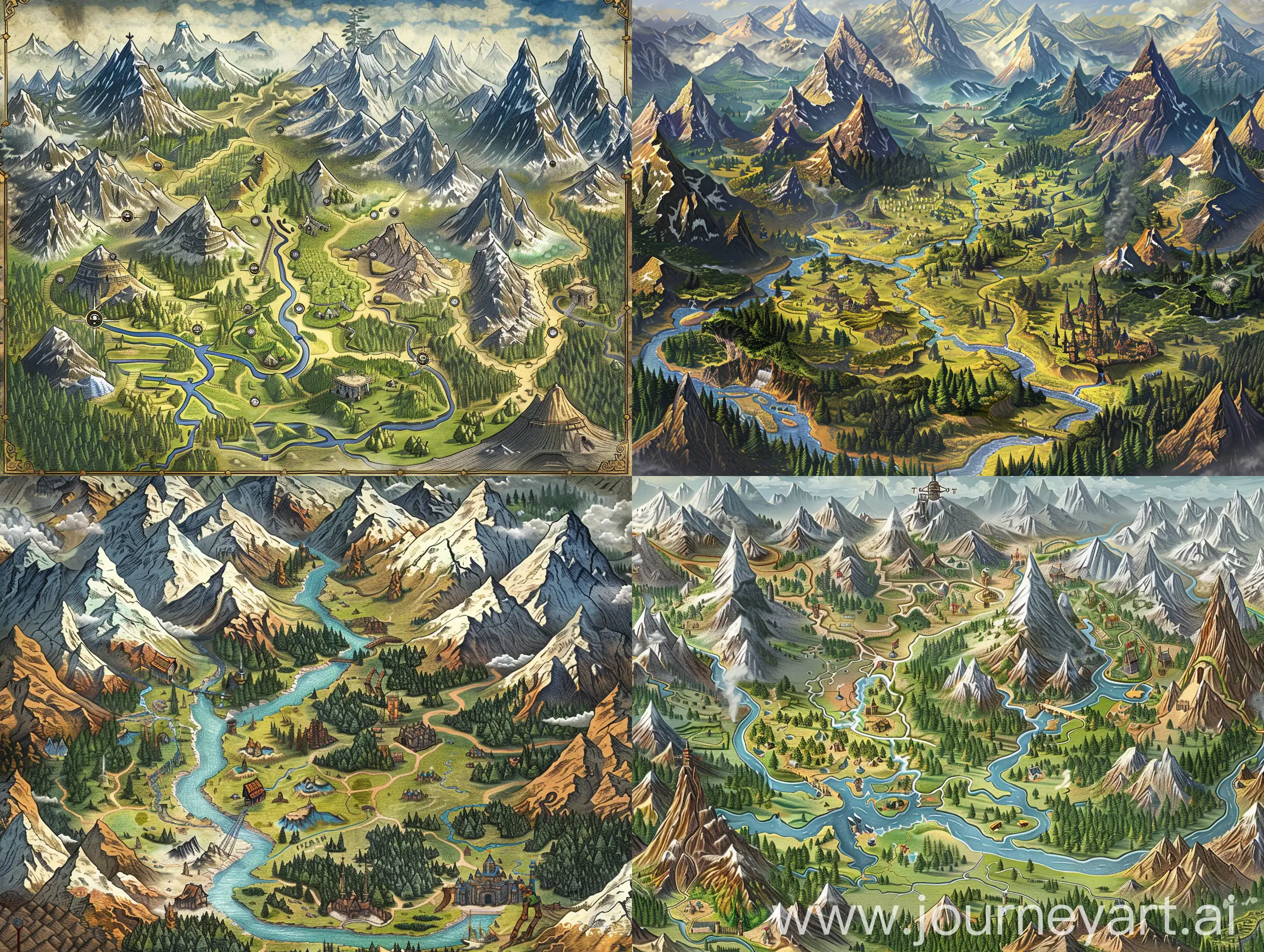 fantasy game world map, inspired by classic tales of epic adventures. This digital art piece features a diverse landscape with towering mountains, winding rivers, verdant forests, and elusive hidden realms. Each location possesses a unique character, hinting at ominous, mystical, and tranquil settings. The art style is illustrative and painterly, with the detail and depth of a matte painting. The overall mood invites a sense of awe, exploration, and a subtle hint of danger, prompting the viewer to venture deeper into this magical world.