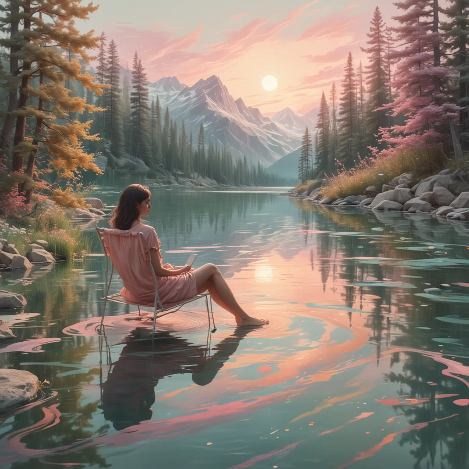 Surreal Lakeside Serenity Pastel Colors and Swirling Imagery