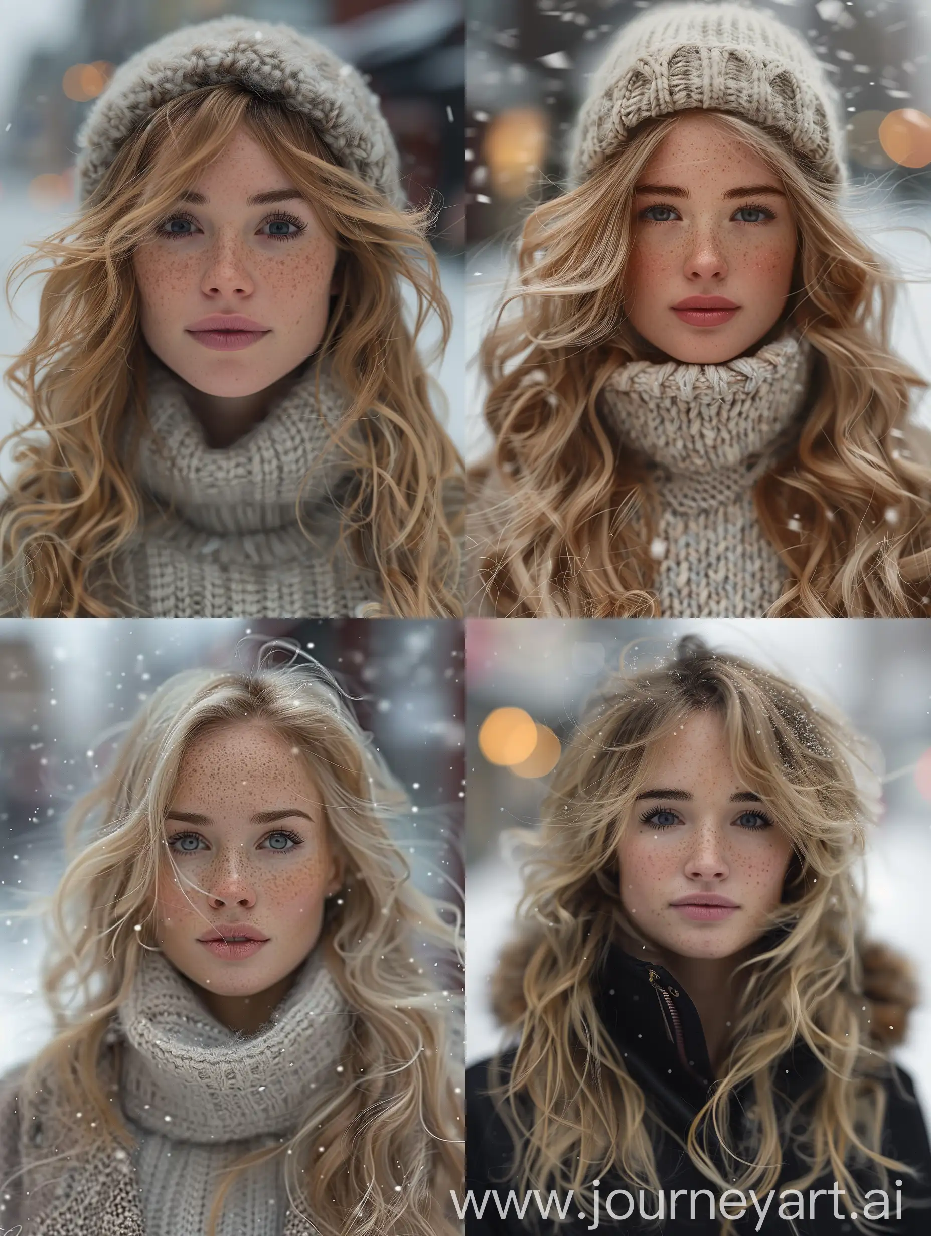 professional portrait of a Norwegian girl in winter attire, wavy blonde hair, sultry look, freckles, symmetrical face, natural makeup, snowy urban street setting, concept art style, elegant, ultra realistic, sharp focus, bokeh, medium shot, centered composition, color graded, bright soft light, volumetric fog, Instagram trend, HDR 4k, 8k --ar 3:4 --s 300 --v 6