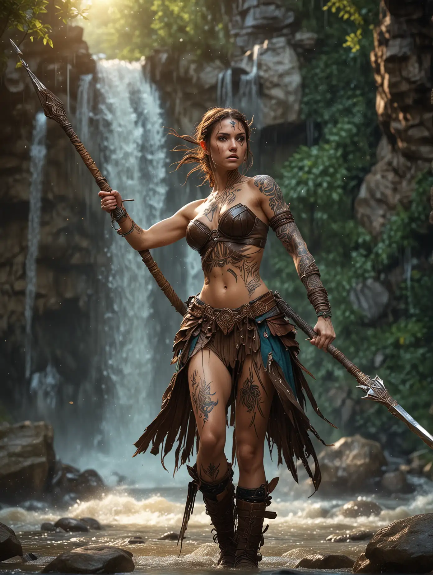 Whimsical, create an image of a beauty european girl, brunette hair, adorned skin with tattoos, in dynamic fight pose, holding a spear, cosplaying as amazon warrior character. Waterfall in riverside background. Fantasy theme, colorful organic shape, dramatic lighting, hyper-detailed, ultra HD.
