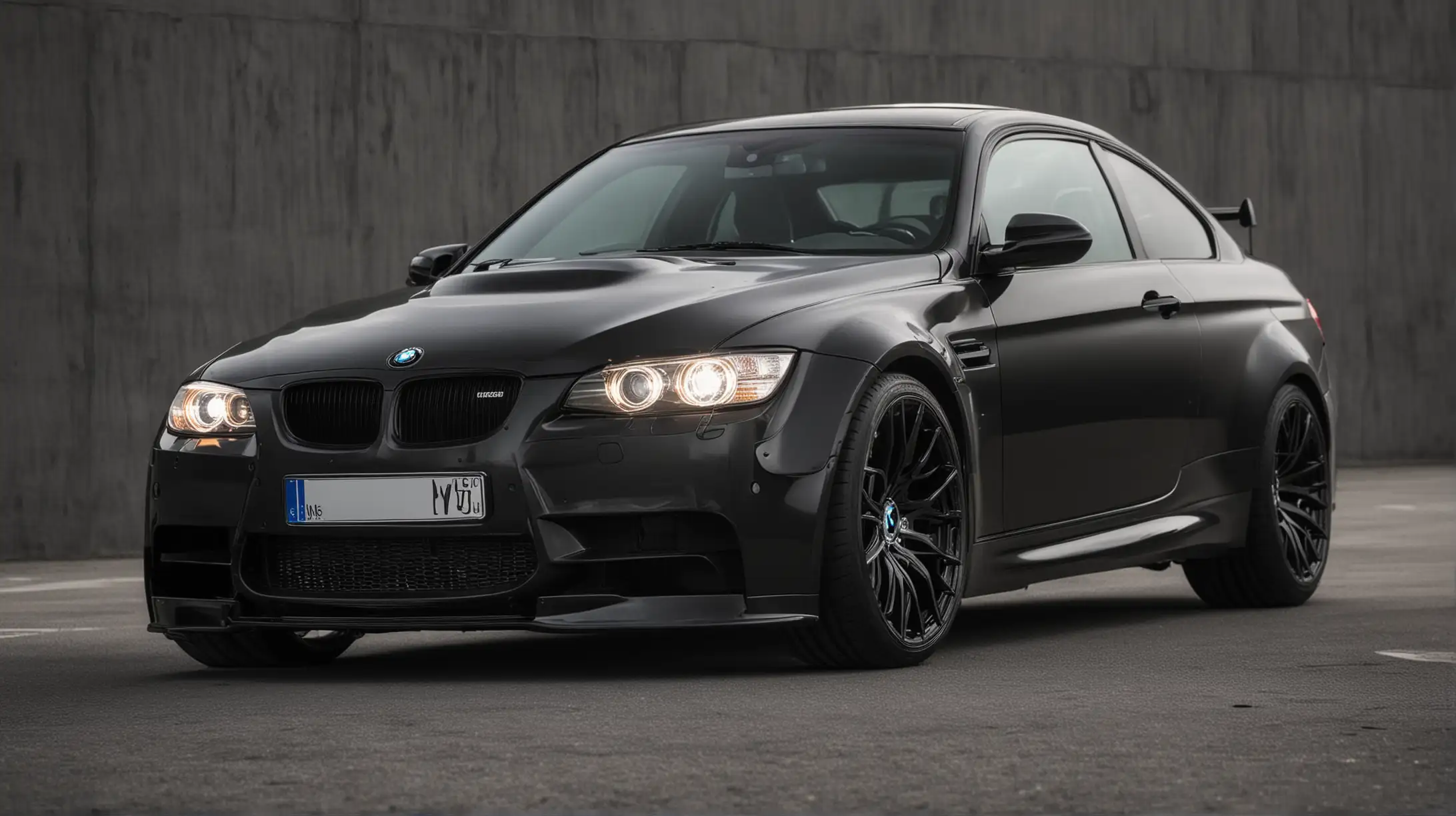 Black BMW M3 Sport Coupe with Headlights On