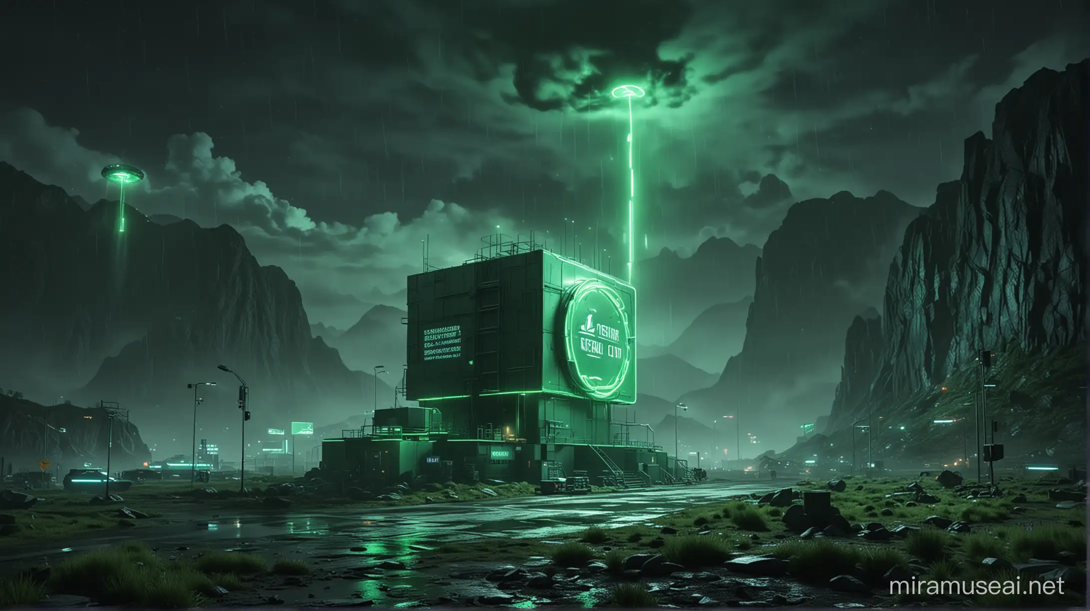 Realistic research centers with one worker around it, green neon and huge neon lights inside the part, its color shadow on the floor, Rainy weather, staff in dark green uniforms and helmets, Atmospheric and cinematic, The huge structures, A dark green smoke rose from the research centers environment and spread in the air, The image space is outside the realistic research center.
with huge satellite antennas,
A huge Cubic green neon object,
in the Realistic mountains.
atmospheric and cinematic.
All overall dark green image theme.
Very big lights and lots of green neon lights.
The neon lights in the image should be very bright throughout the image.
The neon lights in the picture should be very bright.
The neon lights in the picture should be very bright.
Very large and bright green neon lamps.
A very huge shade of green neon in the whole environment and in the sky and the earth.
In the dark air of the night.
Very bright green shade full of green color on the sides and top and bottom of the image.
3D.