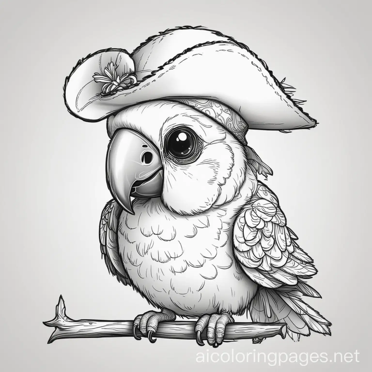 Cute Parrot with a Tiny Pirate Hat
, Coloring Page, black and white, line art, white background, Simplicity, Ample White Space. The background of the coloring page is plain white to make it easy for young children to color within the lines. The outlines of all the subjects are easy to distinguish, making it simple for kids to color without too much difficulty