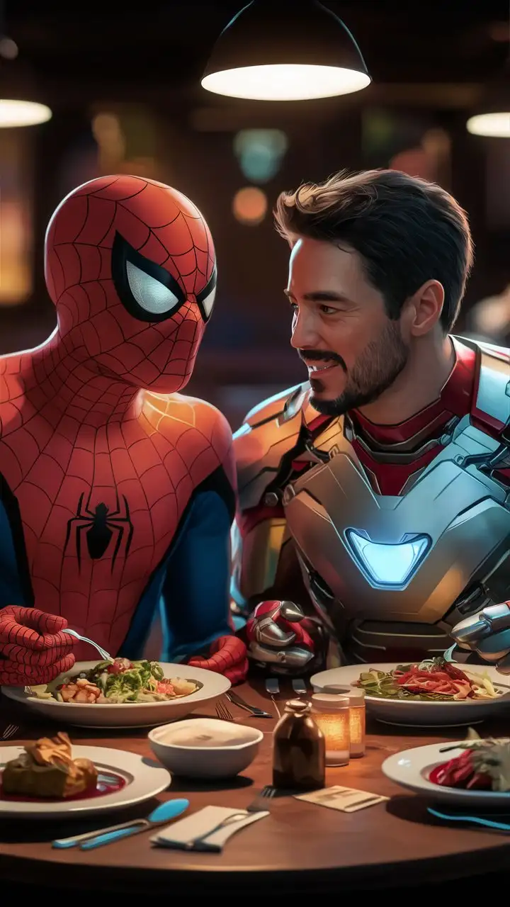 Superheroes Spiderman and Ironman Sharing a Meal Together