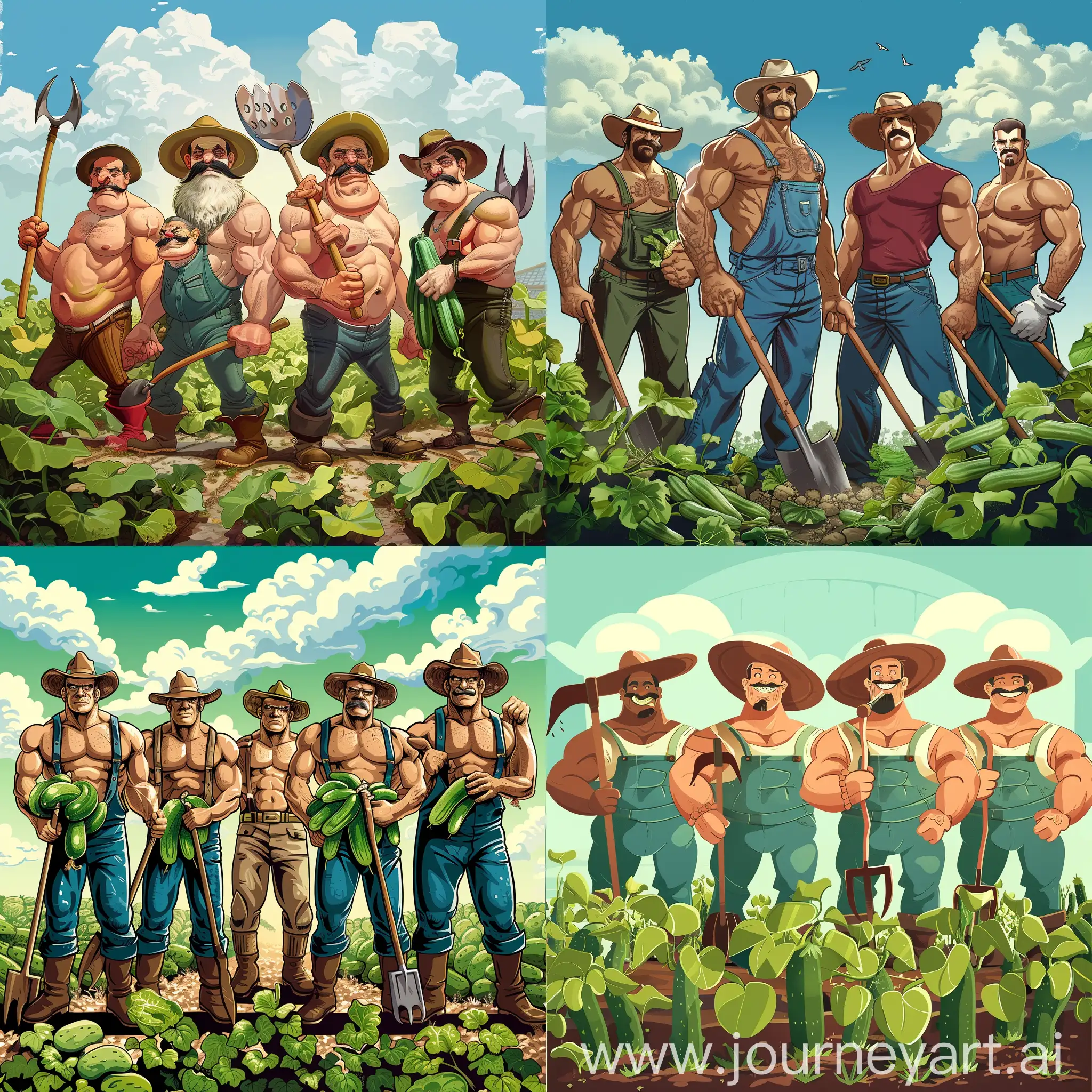 Cartoon-Style-Six-Bodybuilding-Farmers-in-a-Cucumber-Field-with-Cultivator-Hats-and-Tools