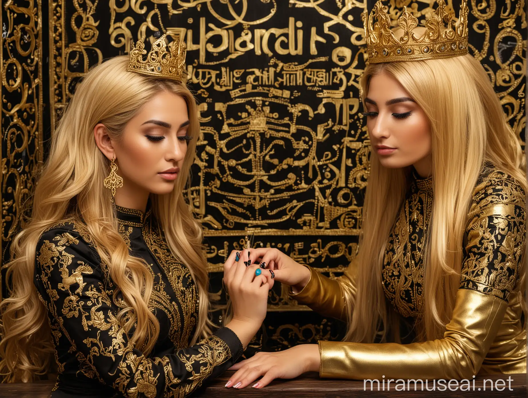 A female hairdresser applying artificial nails to a beautiful Iranian woman, long golden hair, wearing a stylish dress, black and gold lace  The face, crown and hair of the beautician and woman should be clearly defined, and the nail technician should have a nail implant tool in his hand.  Gold and black background with horse design  Behind the ladies is a black neon sign that says: Amadai  On the table is a large golden standing horse statue