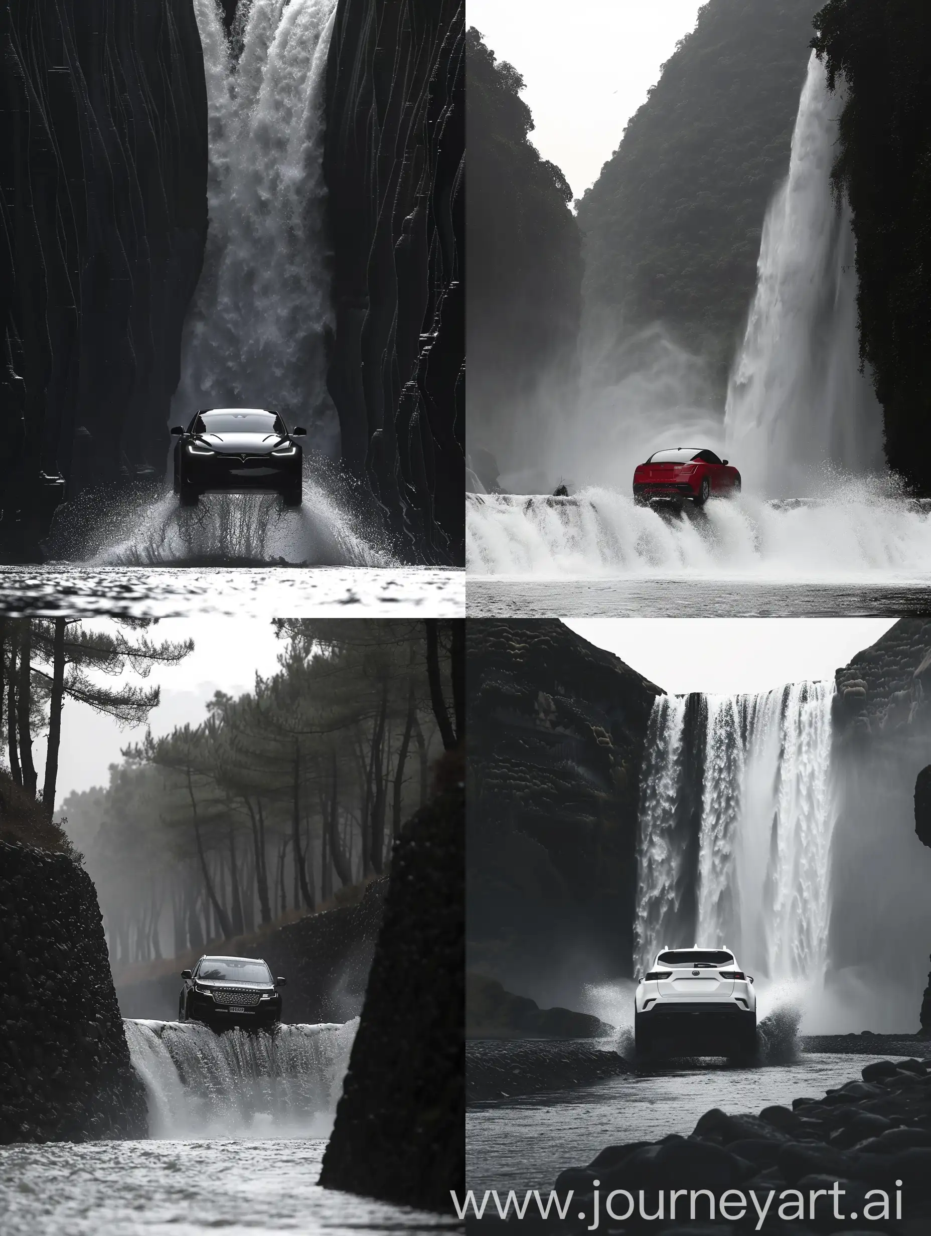 A car jumps over the waterfall into the river --sref 3067428161 2009963306 --no humans,Statues,dolls,birds,animals,insects,Living organisms,Characters 