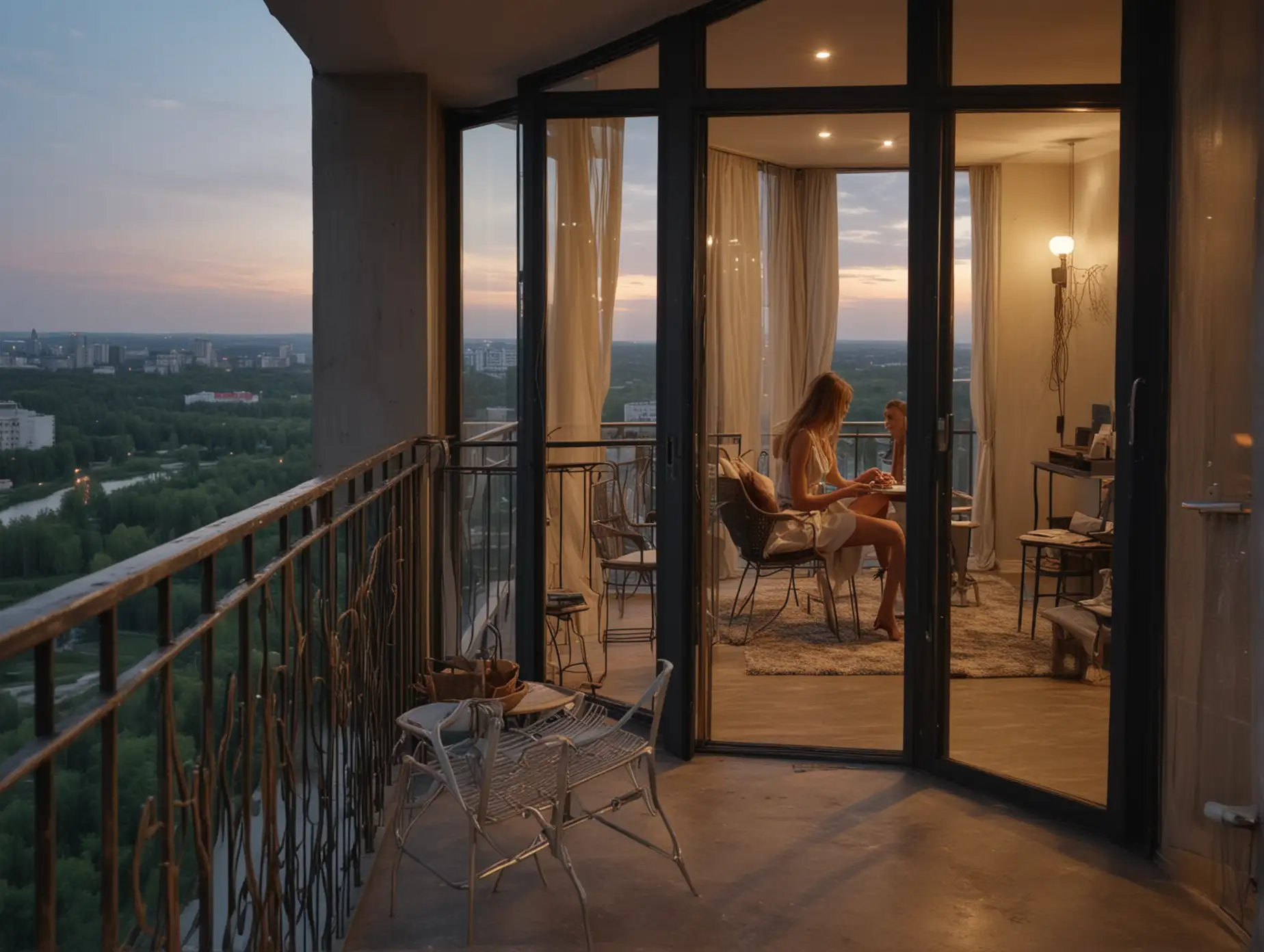 Fashionable-Girl-Contemplating-Riverside-View-from-Penthouse-Balcony-at-Dusk