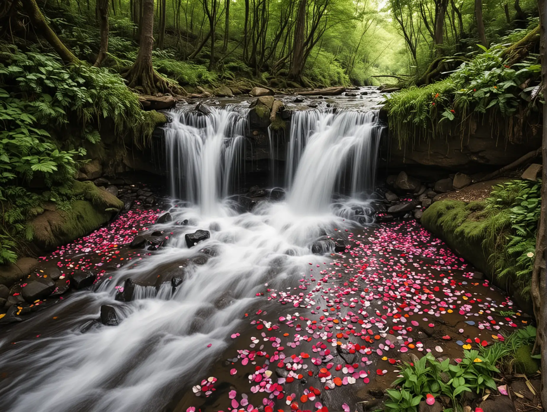 Tranquil-Forest-Stream-with-Cascading-Flower-Petals
