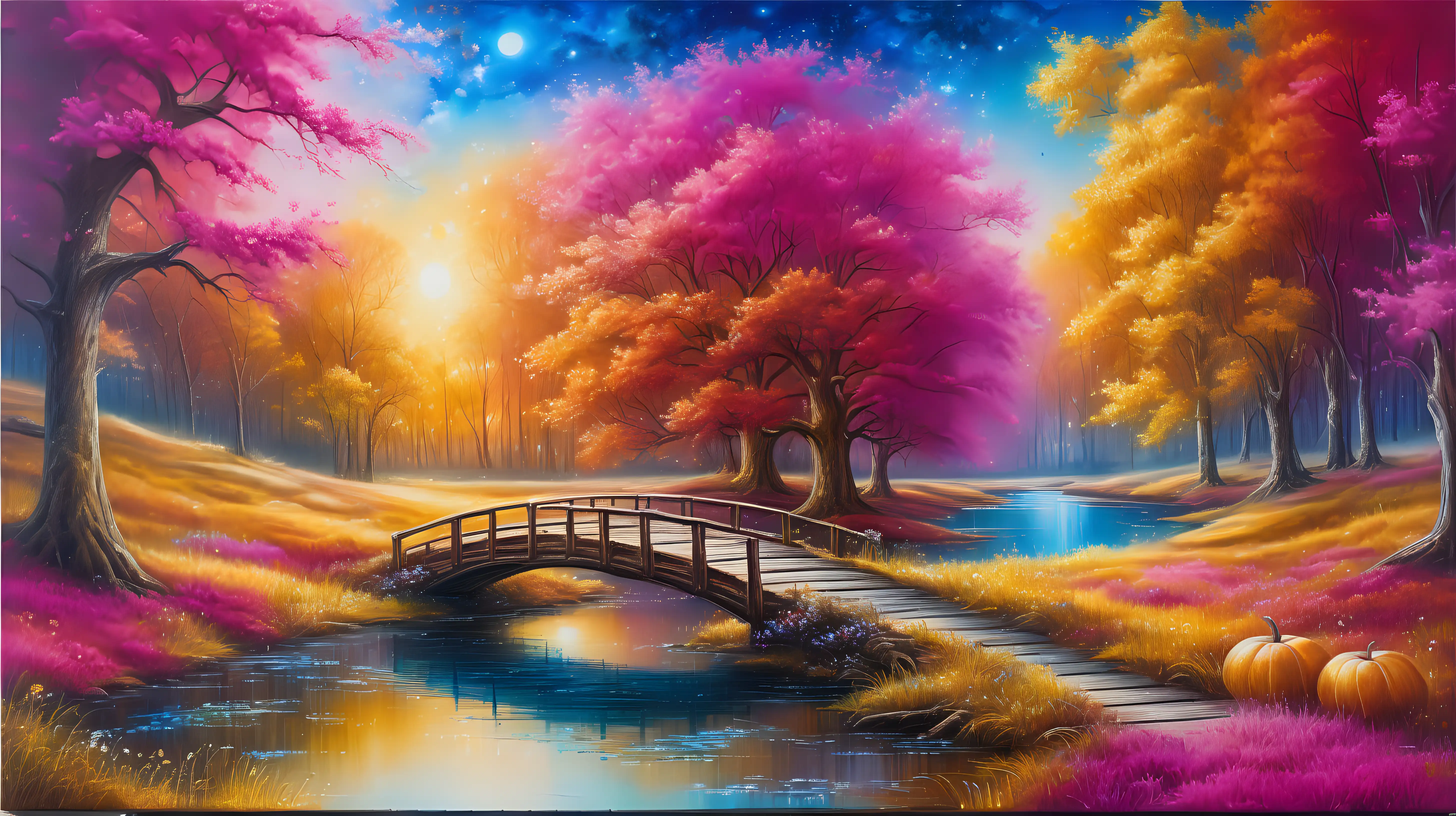 Textured Oil paining of Autumn covered forest with green and Blue and red. Pink and Red luminescent water and golden luminescent grass in the daytime autumn oak trees and magical flowers with a magical golden glowing forest with a pond in the meadow. With a wooden bridge to another world and pumpkins. Massive, Blue-gold-magenta planet in the sky.