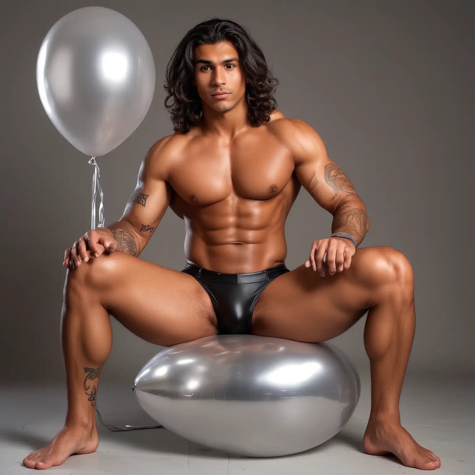 Muscular Latino Man Sitting on Giant Balloon with Helium Balloon | AI Image  Generator