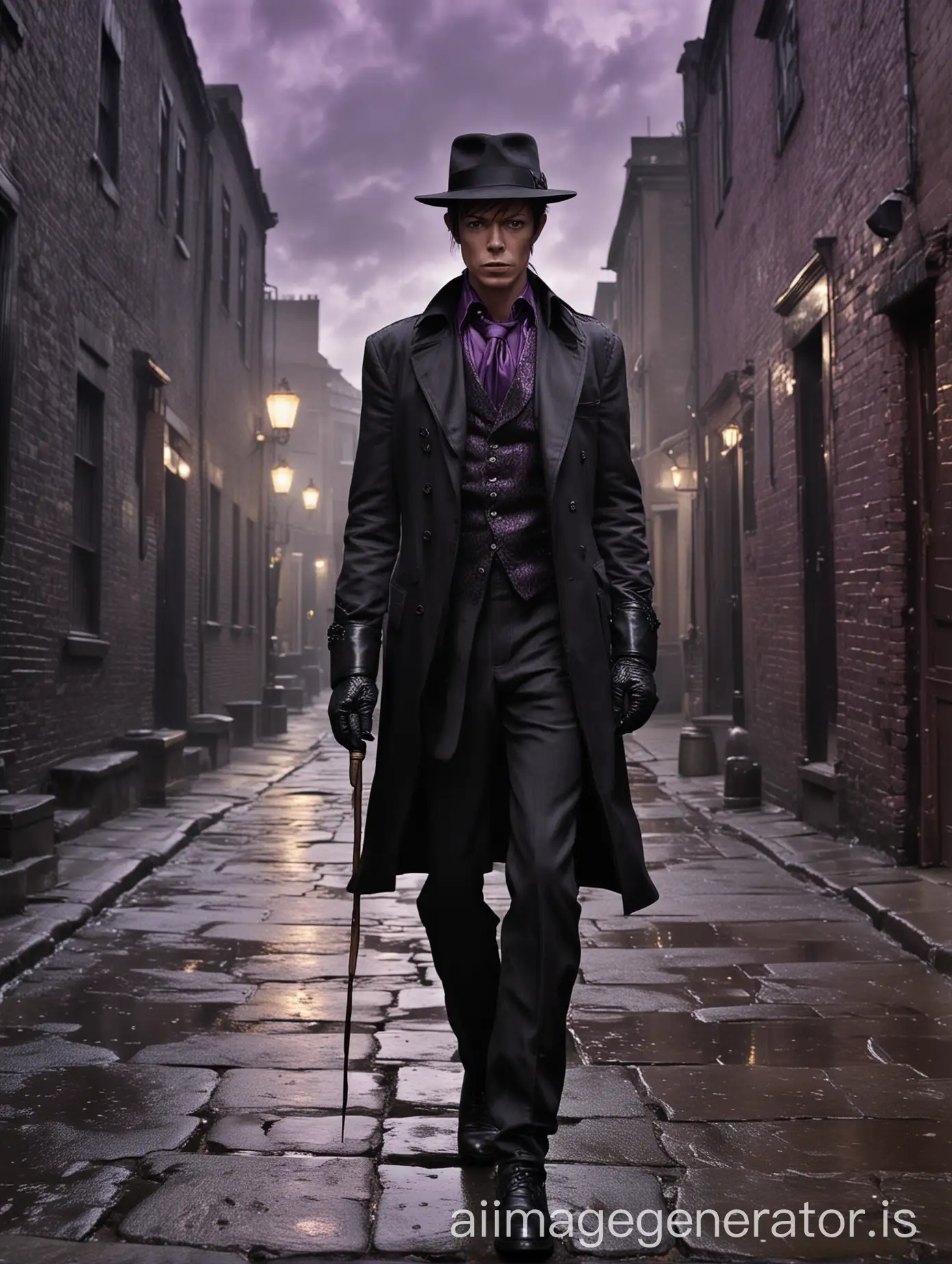 david bowie in his teens, fullbody figure, man walking towards you wearing black leather gloves, black hair, disgust face expression, wearing black fedora hat, juvenile face,  slender young man with a black hair, gentleman's cane, man wearing black linen suit, purple paisley vest,  midnight background with a stormy black clouds, dramatic backlight, old city background, wet stone bricks