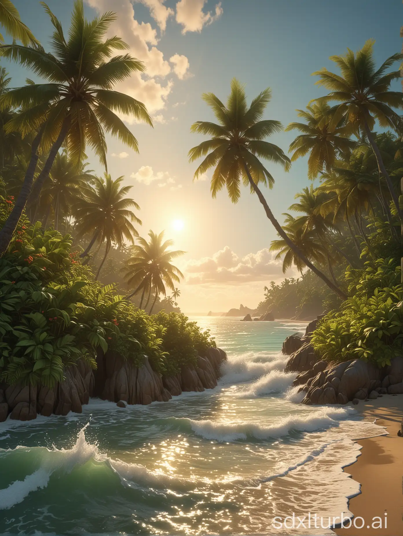 Beach, islands surrounded by coconut trees, green plants, ocean, sun, sunlight, fantasy, lighting effects, profound scenery, hyper-realistic, highly detailed graphics, pop art, 8K, author Evgeny Lushpin