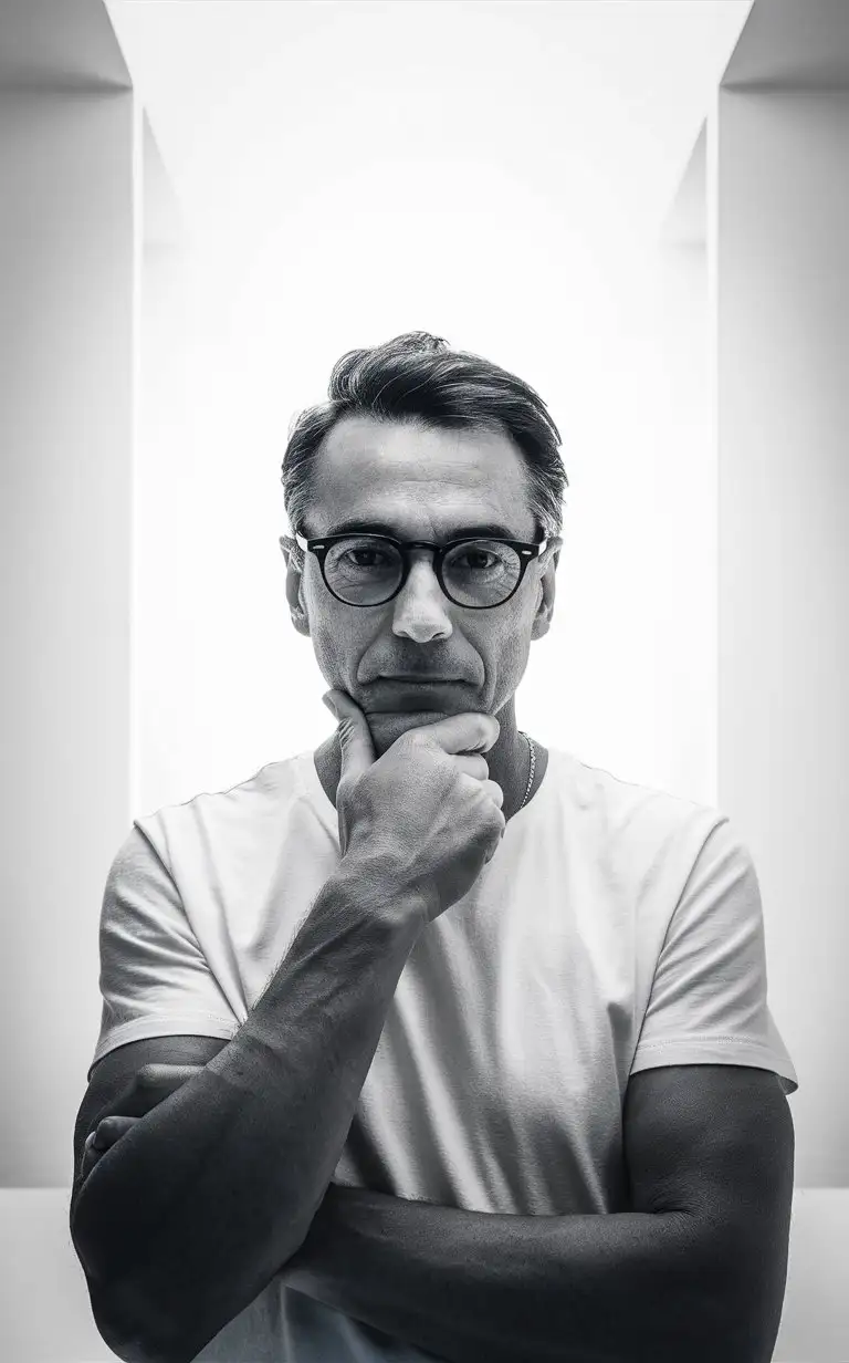 A portrait of an Italian man with glasses, wearing a white t-shirt, with his hand on his chin, in black and white photography, with high contrast, facing the camera, looking straight ahead against a white background, in the style of a Hasselblad X2D color flash photo. --ar 49:64 --v 6.0 --style raw
