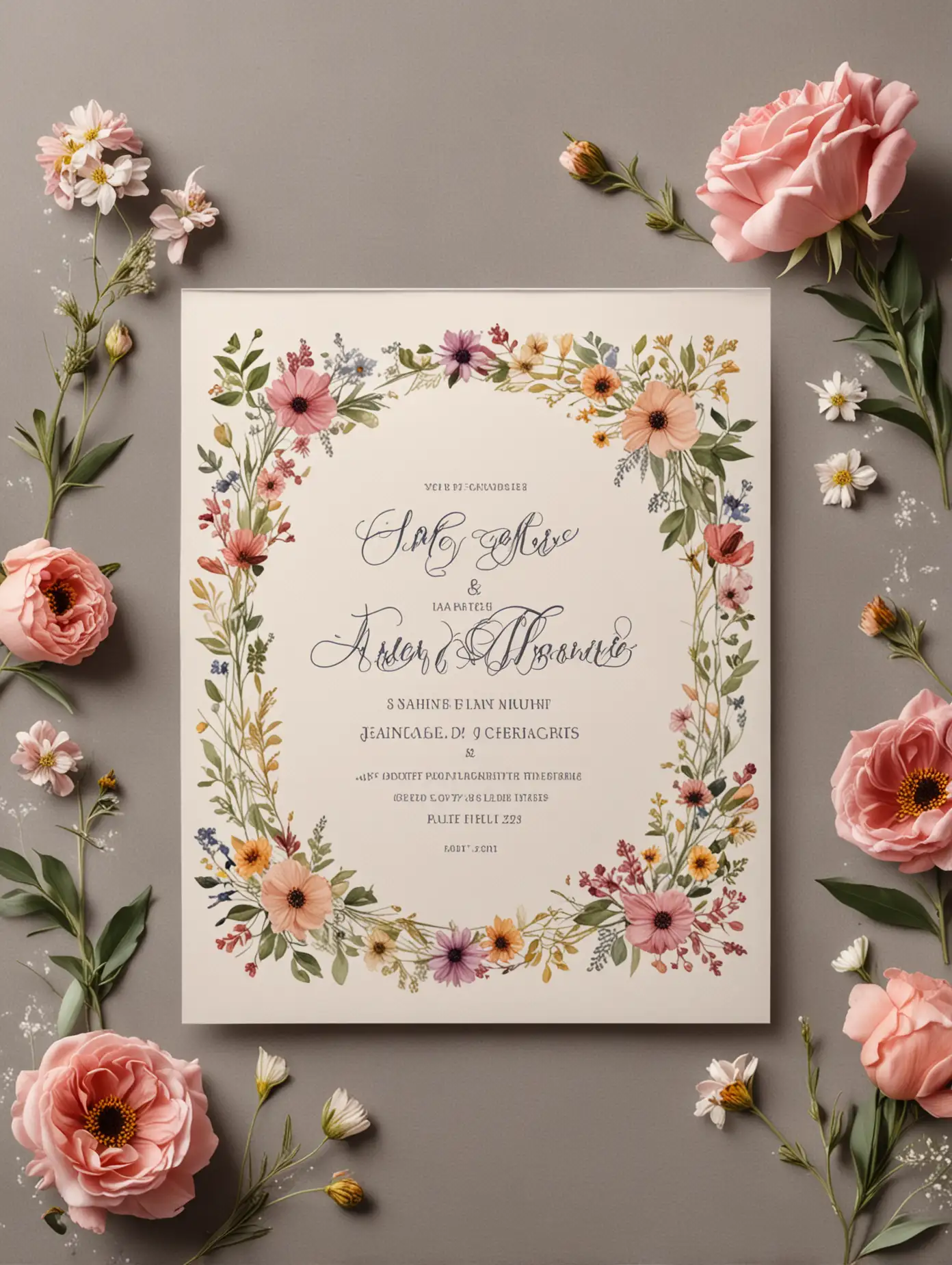 an invitation mockup for a wedding invitation with real flowers around the invite but not covering it