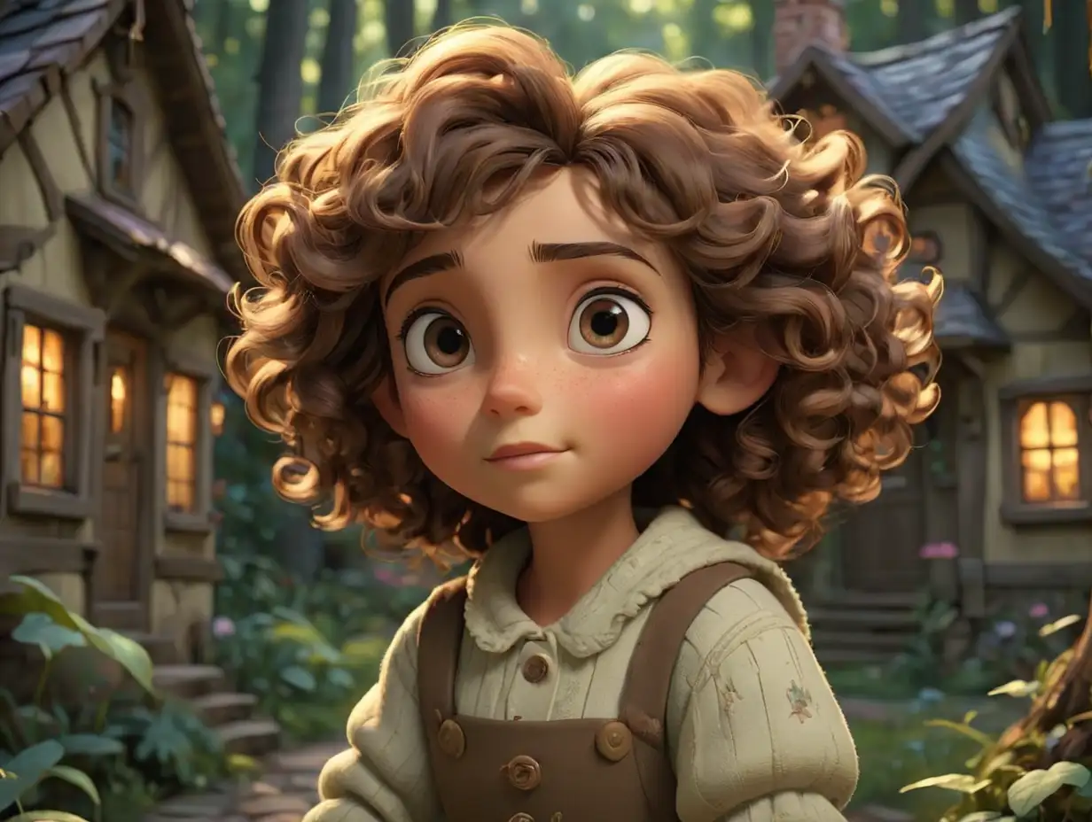 grandmother, young girl, With her sparkling brown eyes and unruly curls, cozy cottage nestled deep within a magical forest, 3d disney inspire deep within a magical forest, 3d disney inspire
