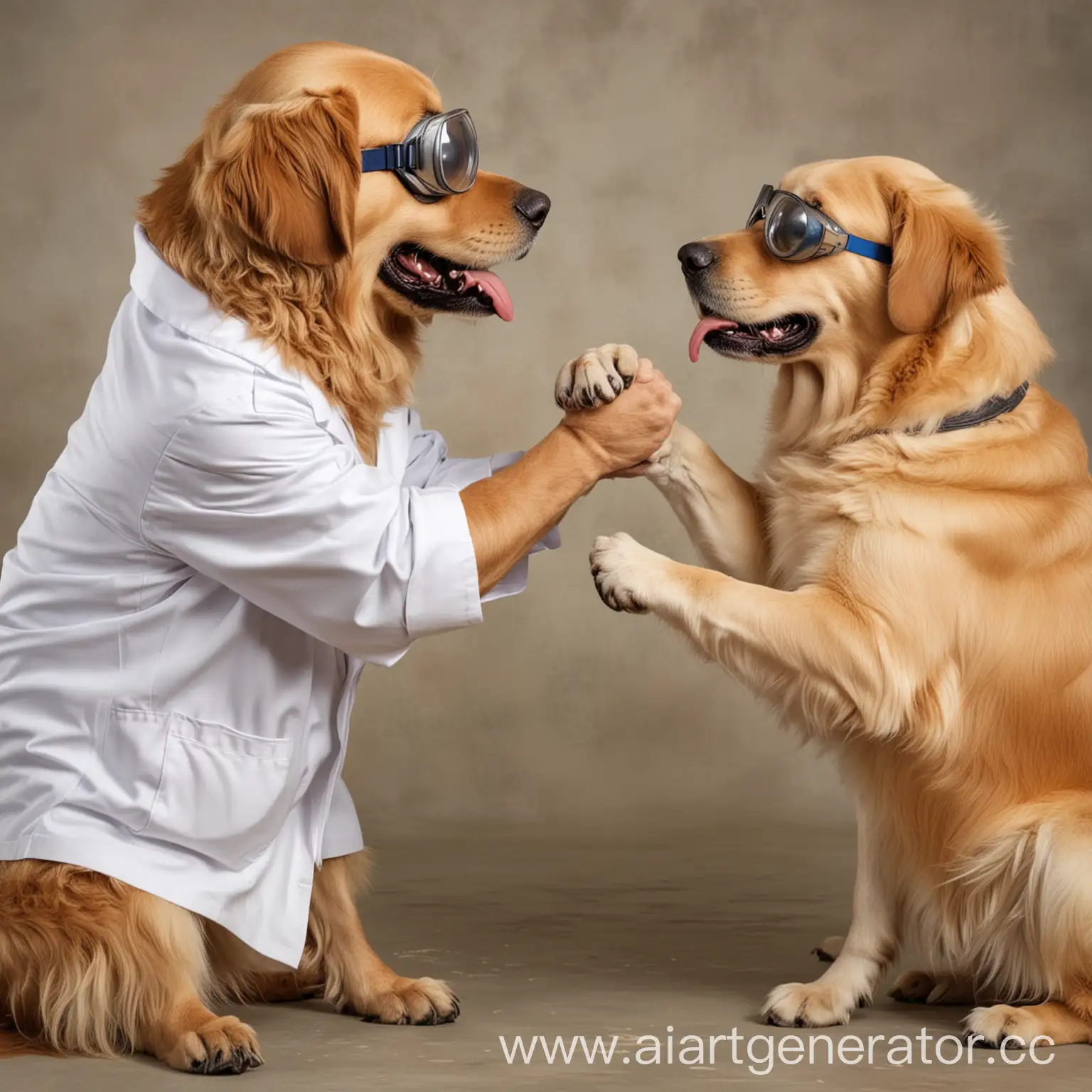 A golden retriever wearing a lab coat and lab goggles and arm wrestles with an arm wrestler.