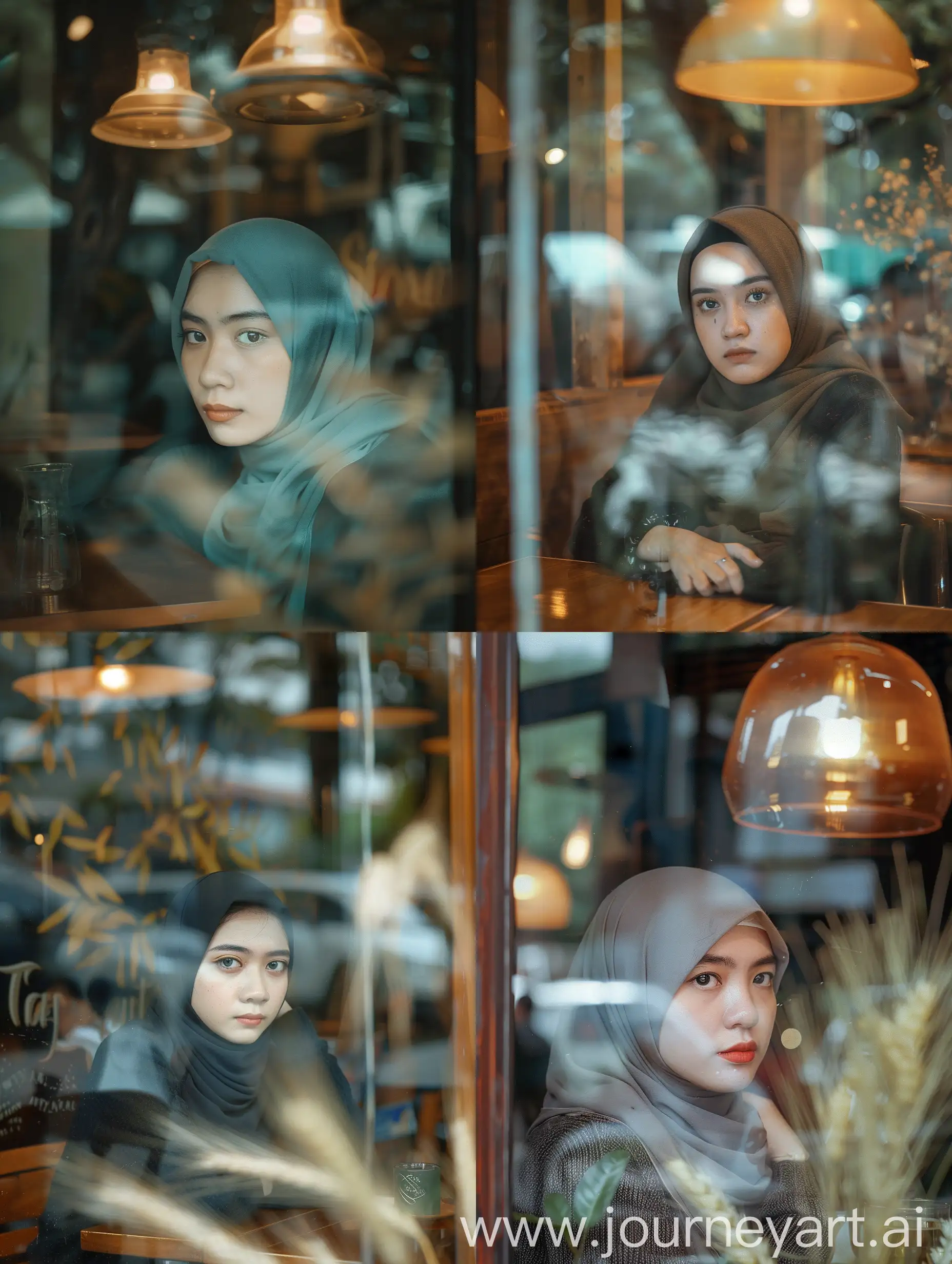 portrait of a beautiful Indonesian hijab woman in a cafe through the window. very strong reflection in the window. He looked far outside blankly. calm nostalgic atmosphere. wheat film. Kodak Portra Film. original photo. very detail. 8K HD
