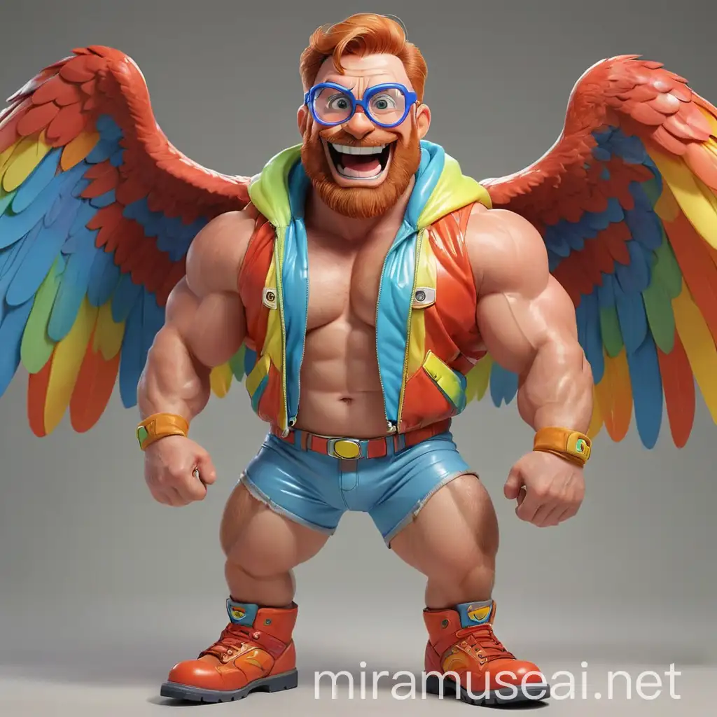 Muscular 40s Bodybuilder Daddy Flexing with Rainbow Eagle Wings Jacket